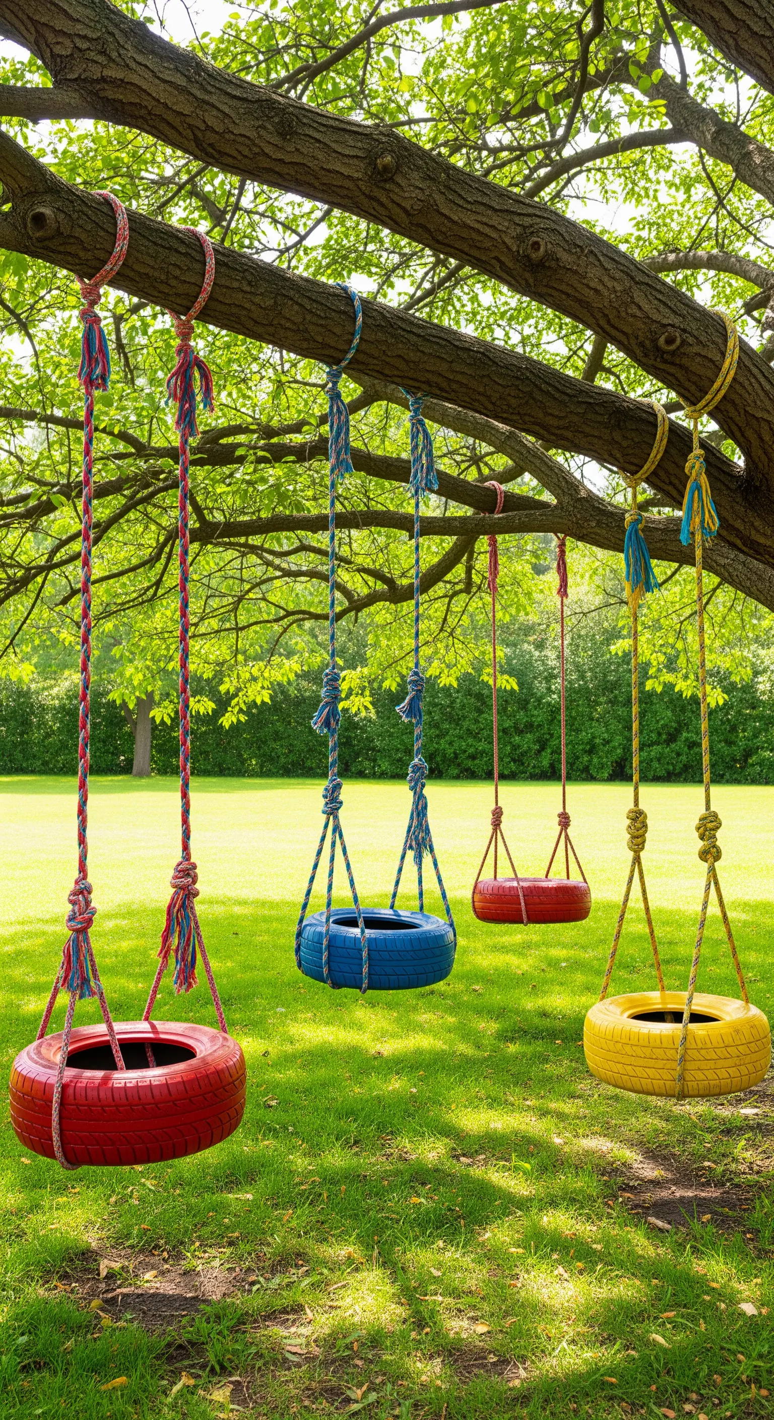 Quattro altalene fatte con pneumatici colorati (rosso, blu, giallo) appese a un grande albero.