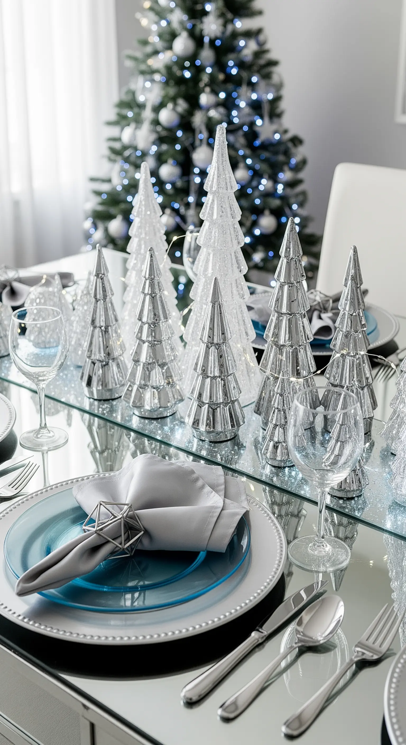 Tavola natalizia con centrotavola di alberelli in vetro argentato e piatti blu ghiaccio.