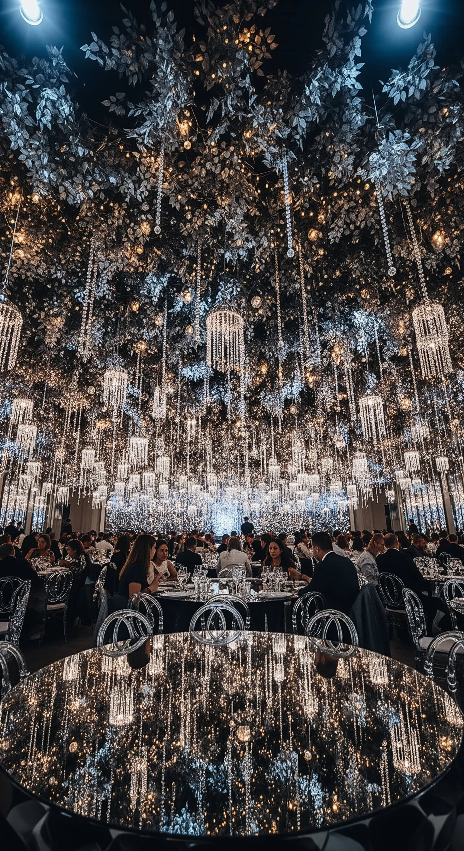 Soffitto di una sala ricevimenti coperto da foglie, lucine e cristalli pendenti.