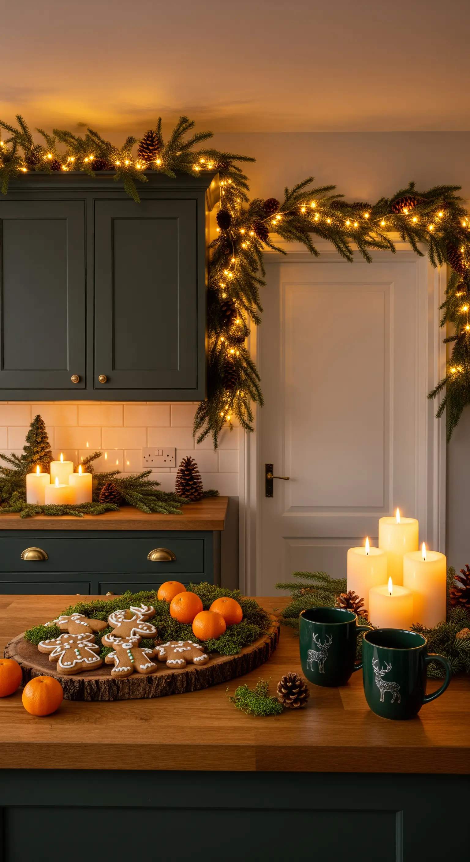 Cucina verde scuro illuminata da candele e ghirlande, con centrotavola naturale di legno e muschio.