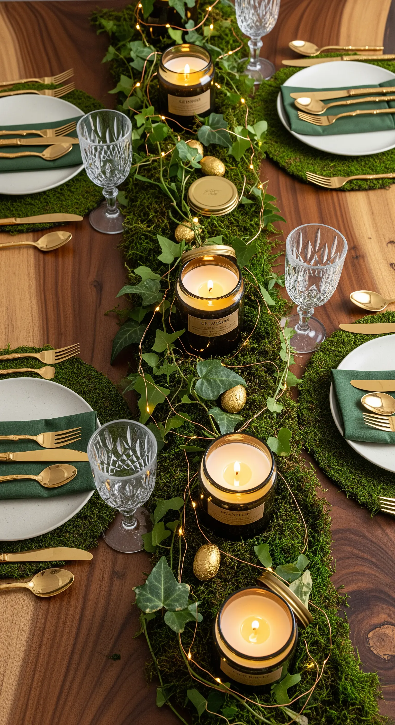 Tavola pasquale con runner di muschio, edera, candele in barattolo e lucine a LED.