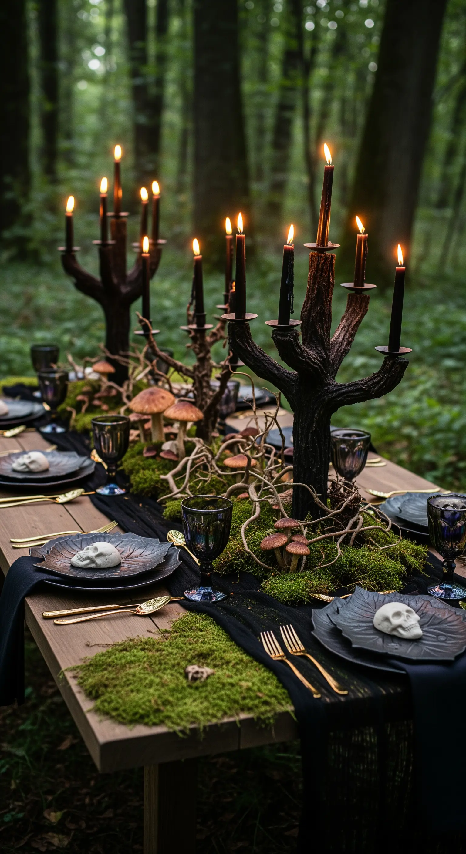Tavola nel bosco con candelabri a forma di rami, muschio e funghi.