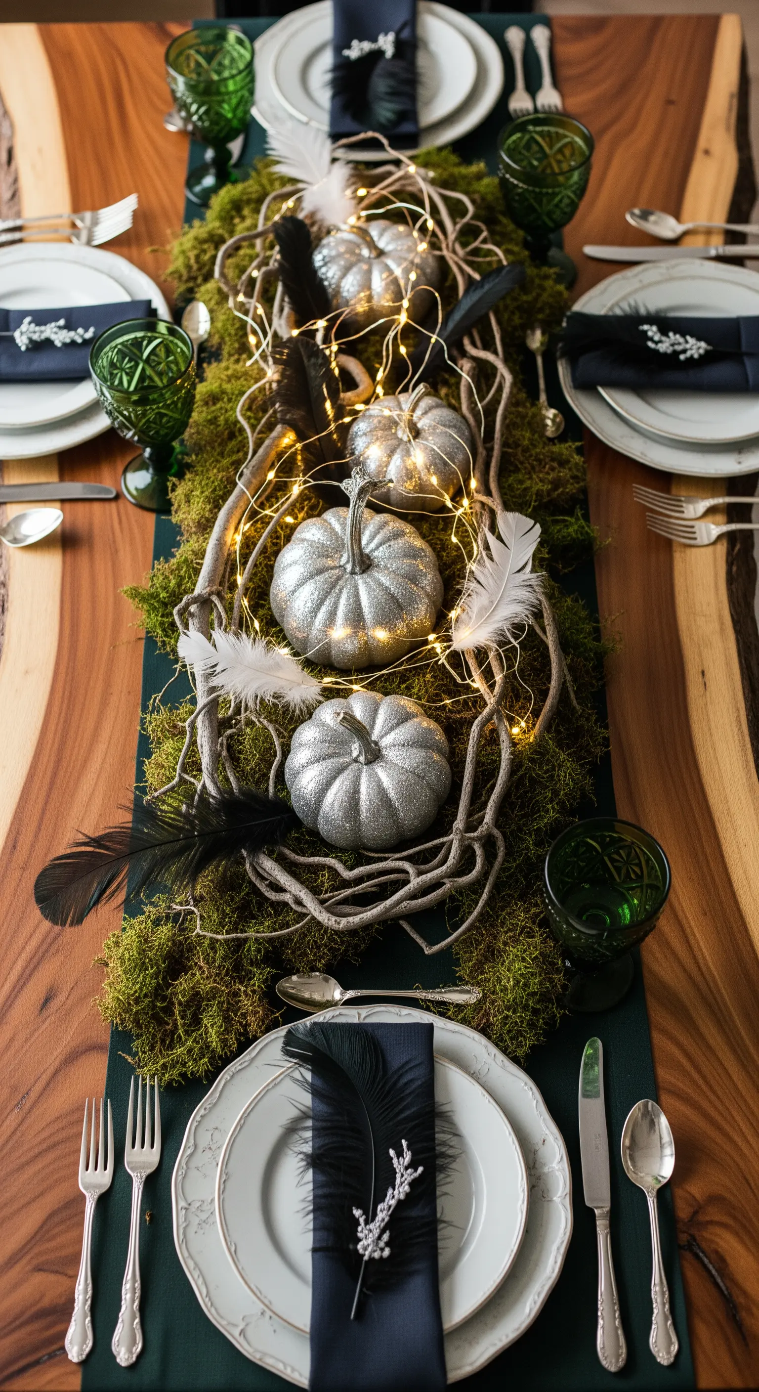 Centrotavola con muschio, rami, luci e zucche glitter argento.