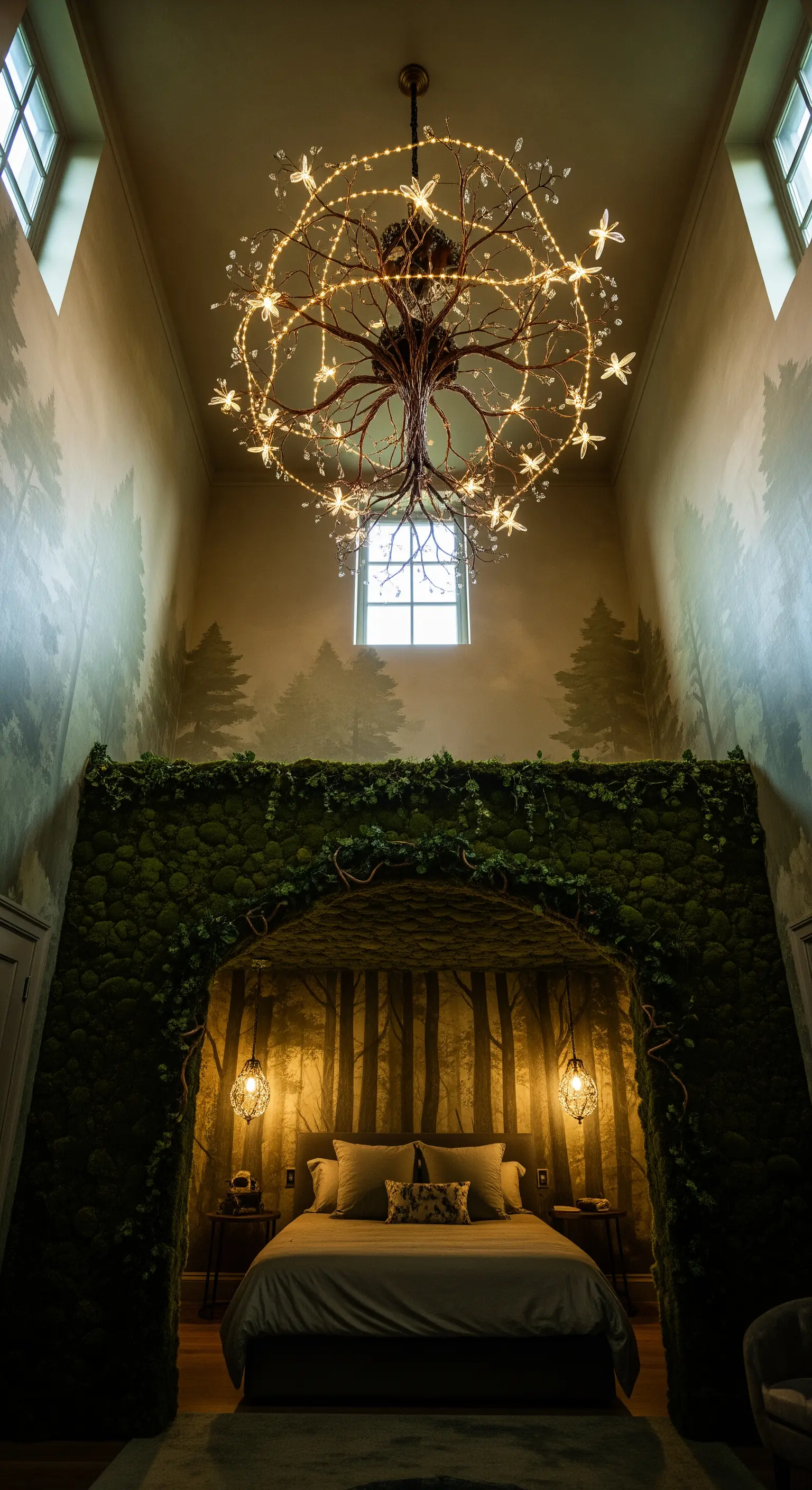 Lampadario a forma di albero con lucine in una camera a tema foresta incantata.