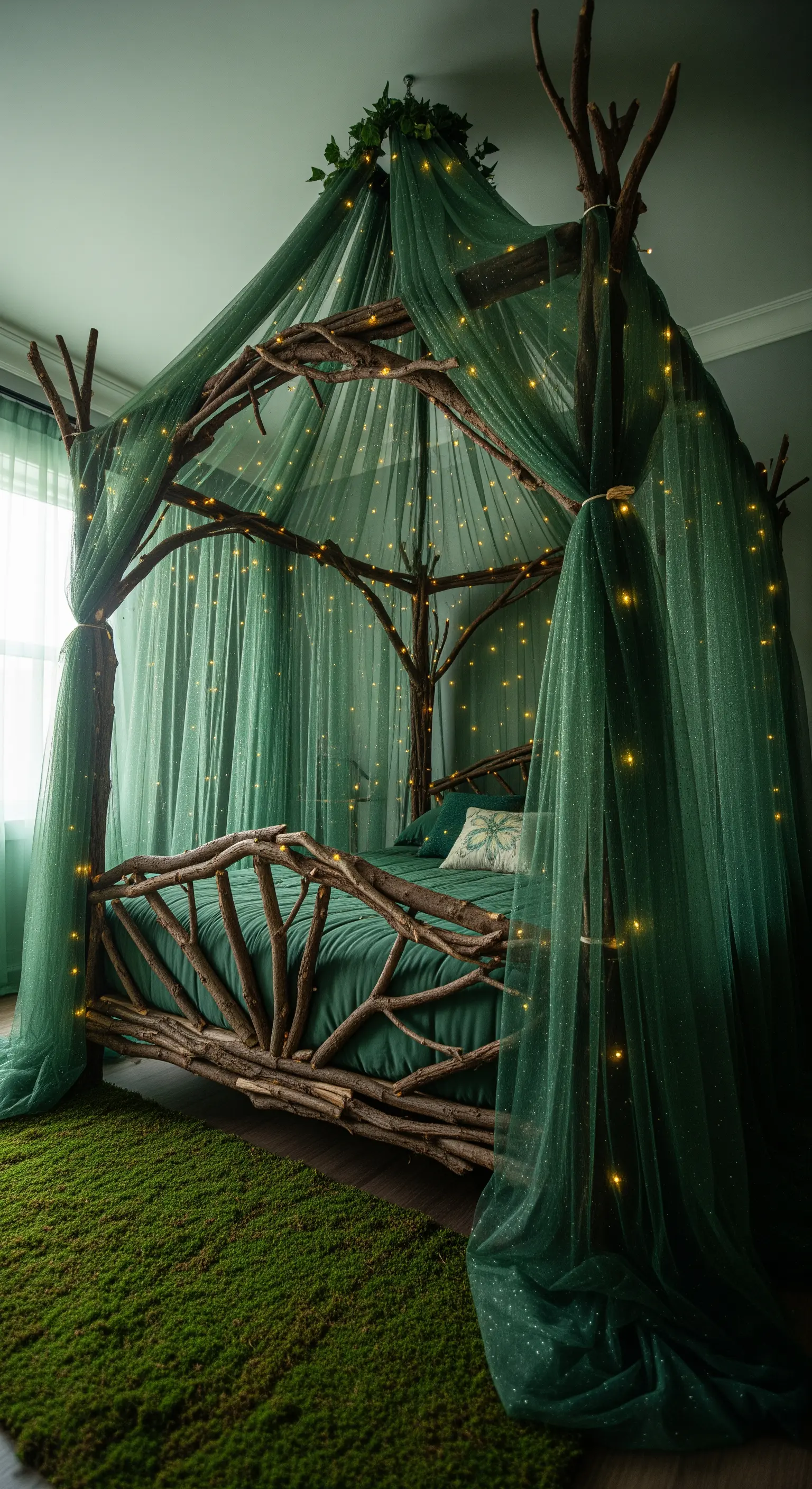 Letto a baldacchino fatto di rami con tulle verde e lucine scintillanti.