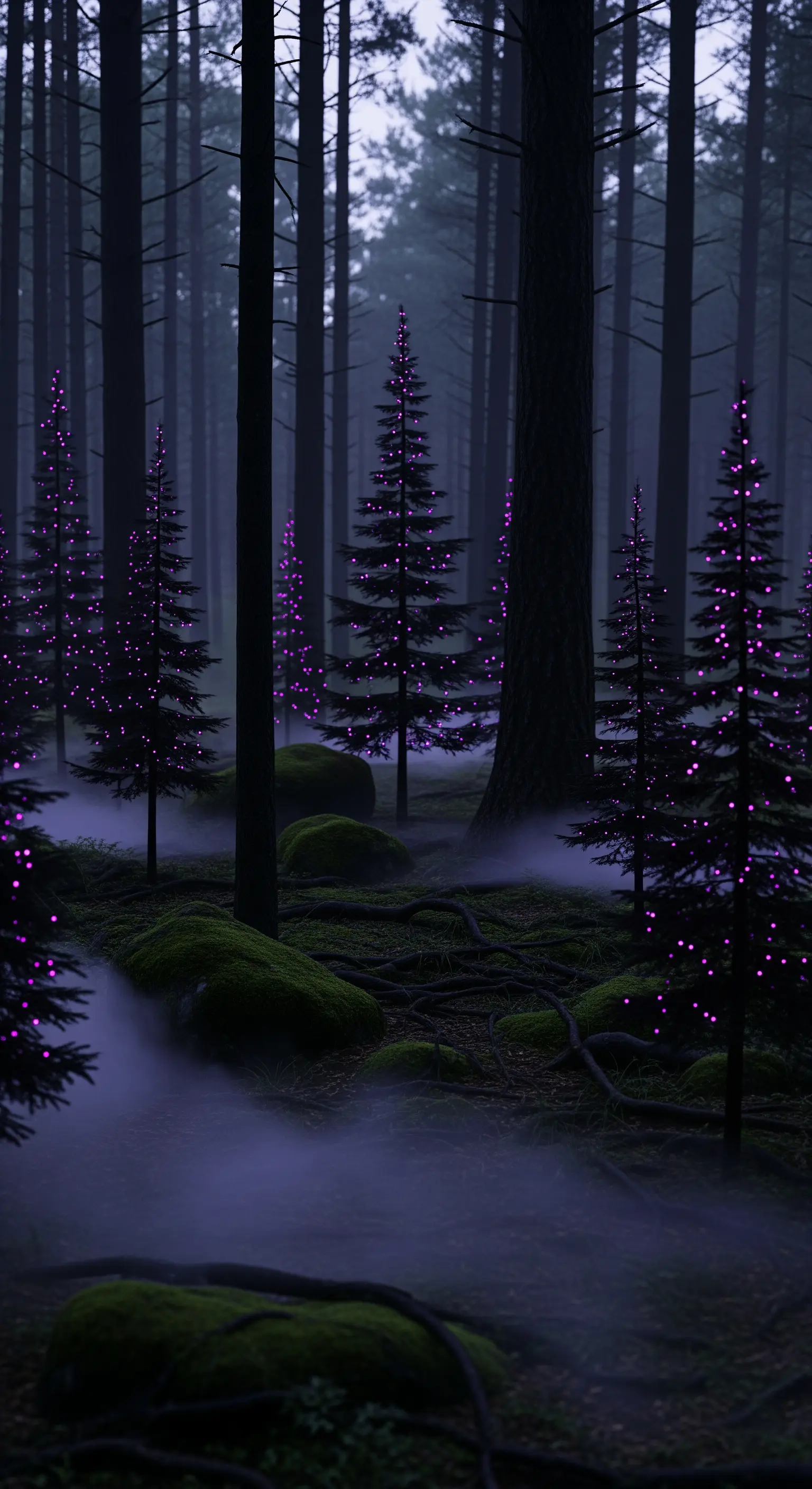 Alberi neri illuminati da lucine viola in una foresta nebbiosa per un'atmosfera magica.