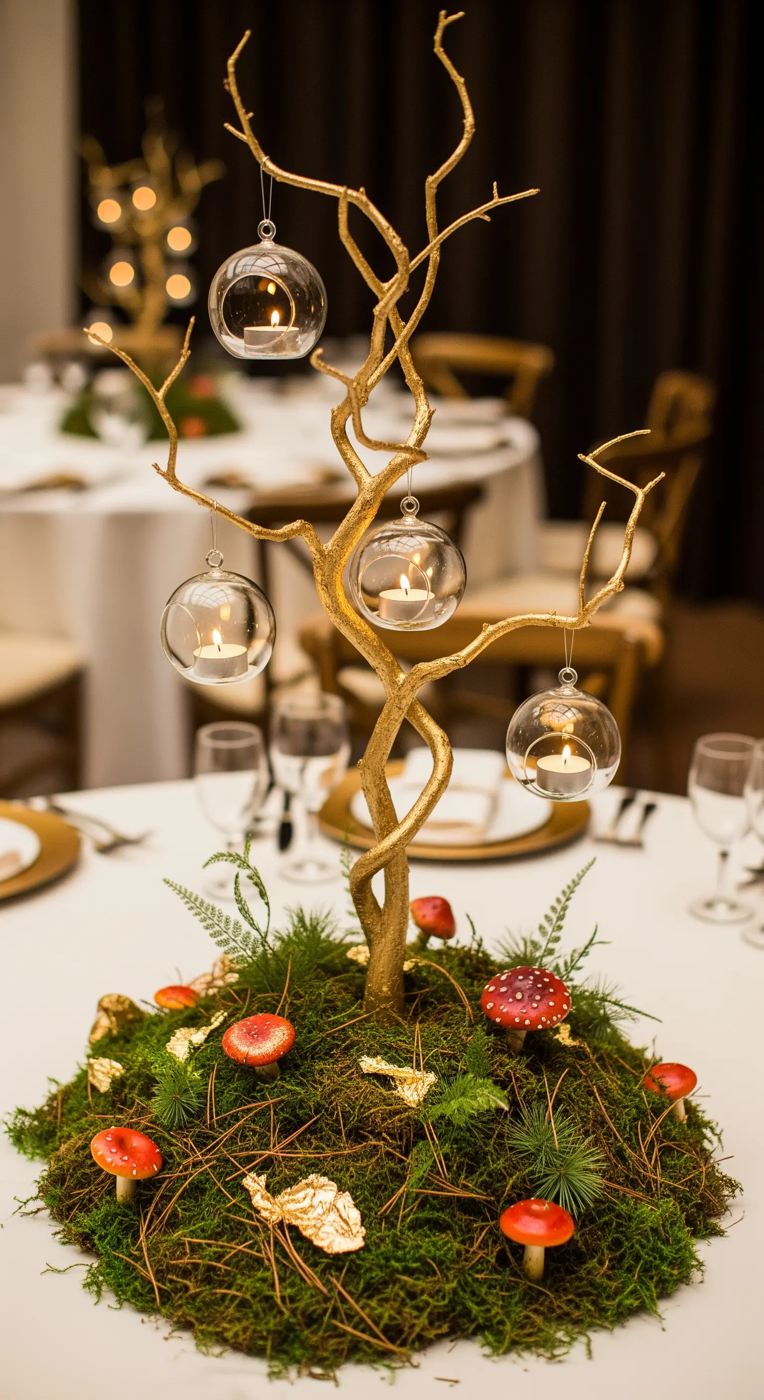 Centrotavola a forma di albero dorato con candele sospese in sfere di vetro.