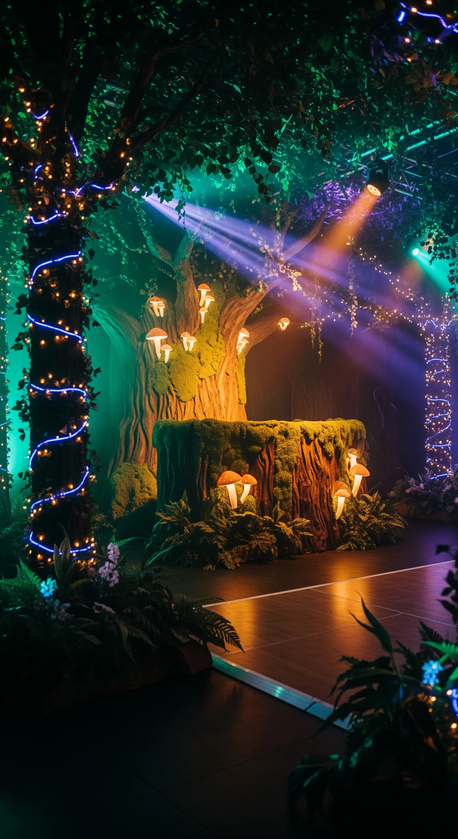DJ booth a forma di tronco d'albero in una foresta incantata con luci a fungo.