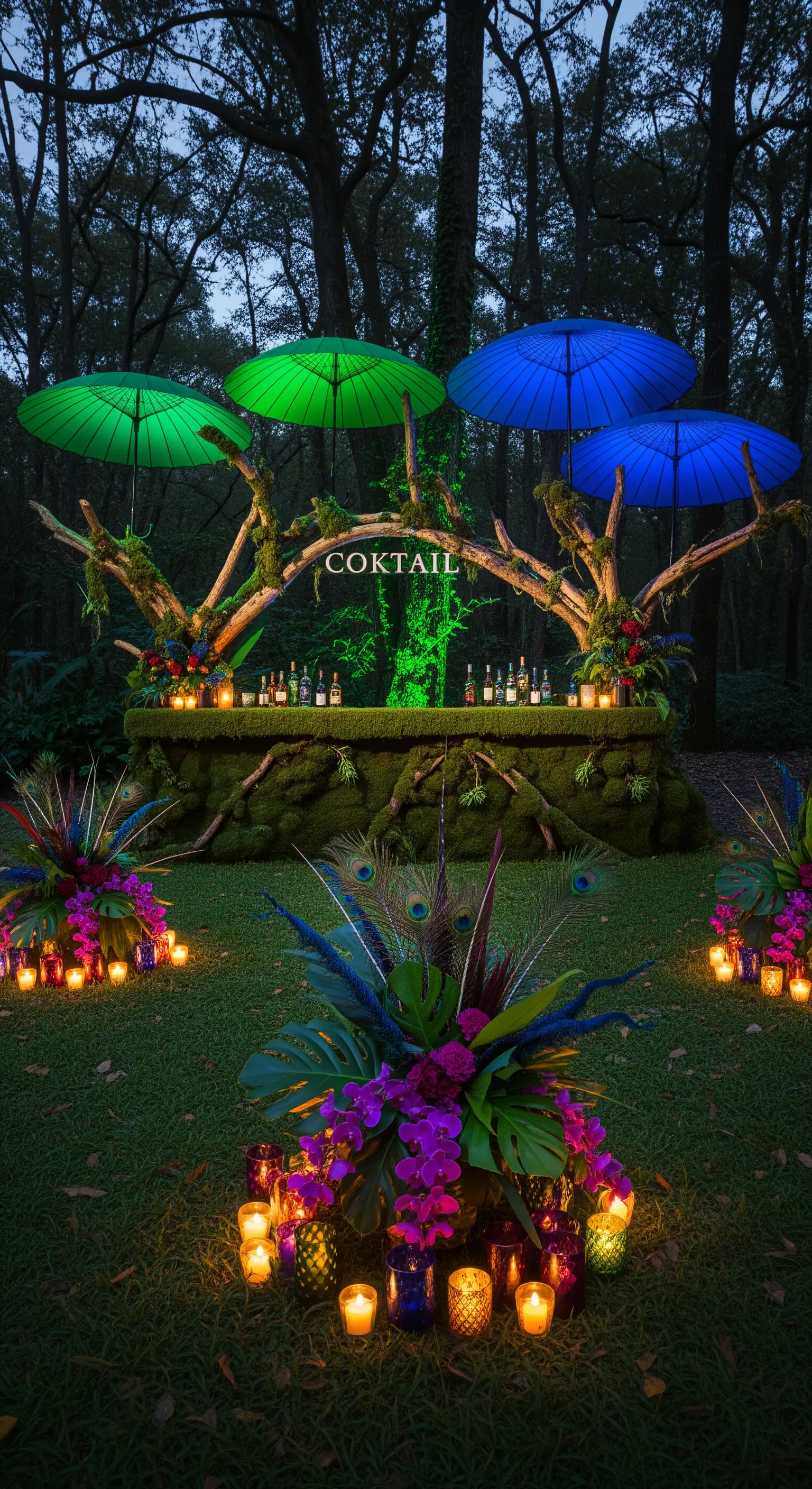 Bar scenografico a forma di albero con muschio e ombrelli colorati in un bosco di notte