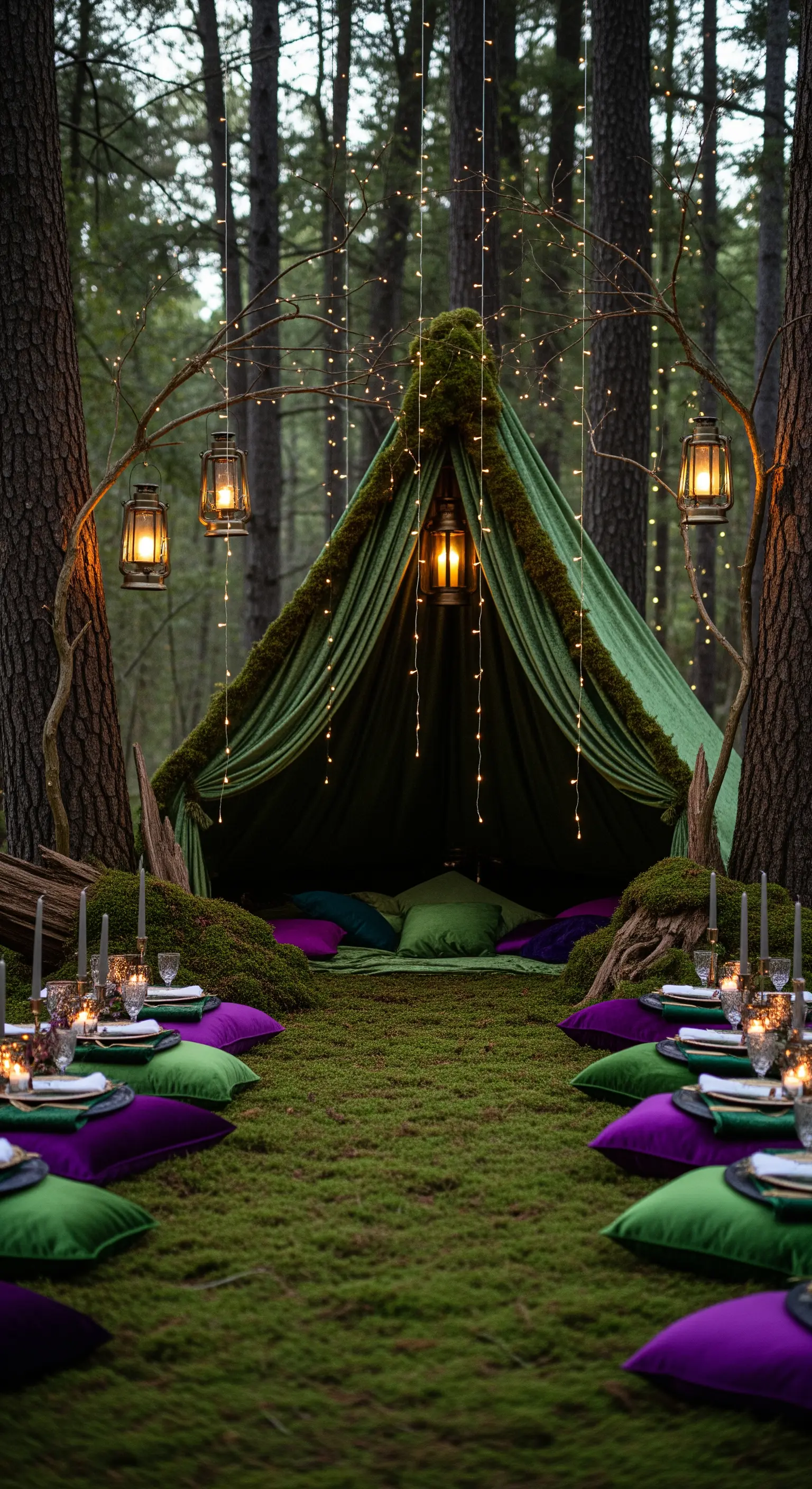 Allestimento notturno nel bosco con tenda verde, cuscini viola e lanterne appese agli alberi.