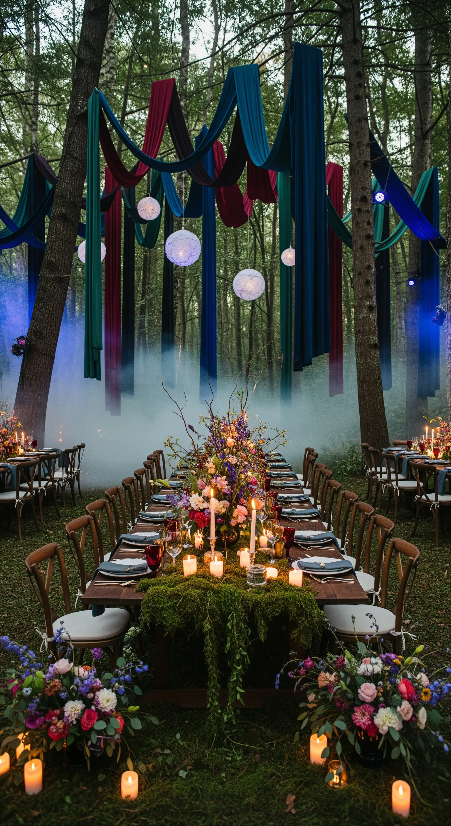 Tavolata imperiale in un bosco con drappeggi colorati, lanterne e un centrotavola di muschio