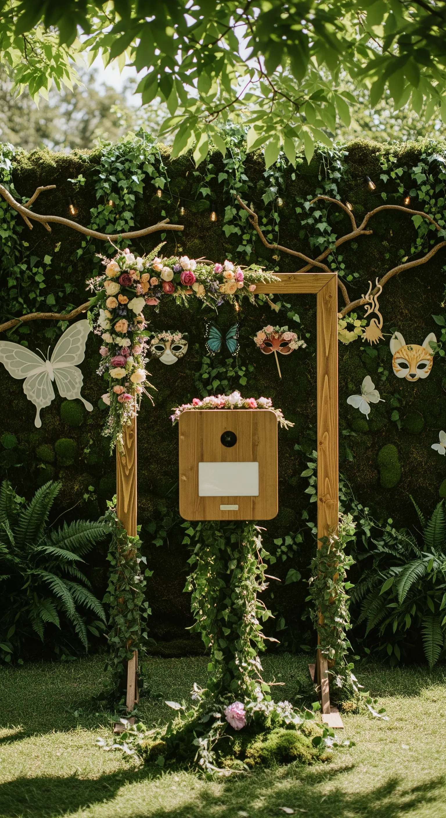 Photo booth in un giardino con cornice in legno decorata da fiori e maschere a tema bosco.