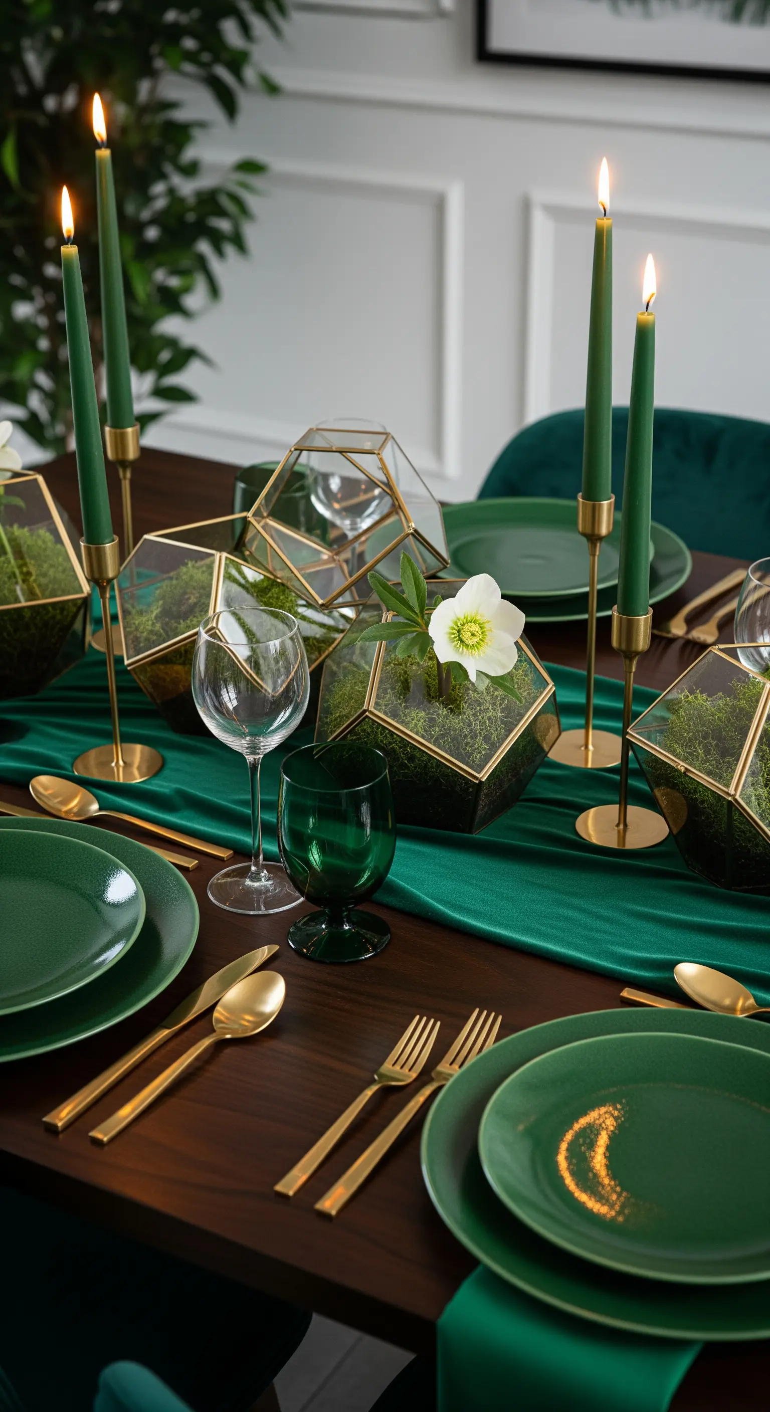 Tavola verde smeraldo con posate dorate e terrari geometrici con muschio.