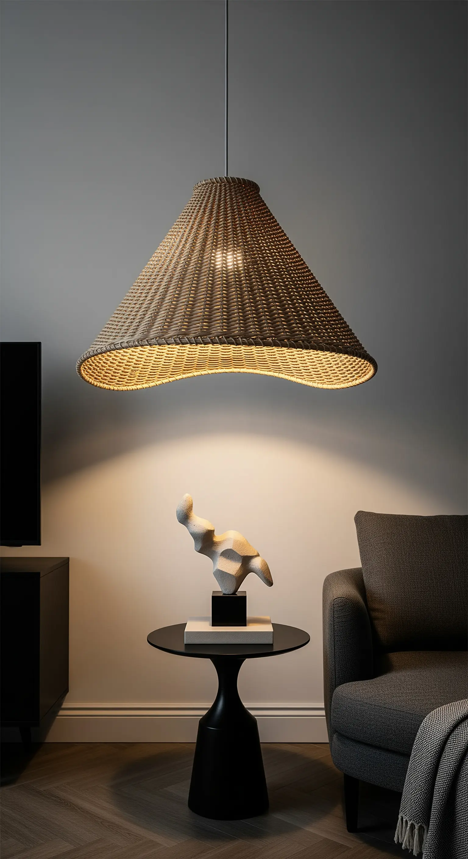 Lampadario conico in vimini con bordo ondulato sopra un tavolino con scultura.