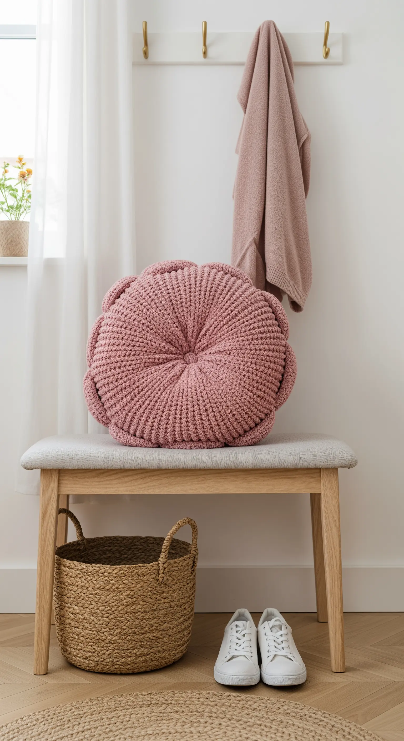 Cuscino rotondo rosa a forma di fiore, realizzato con un maglione a costine.