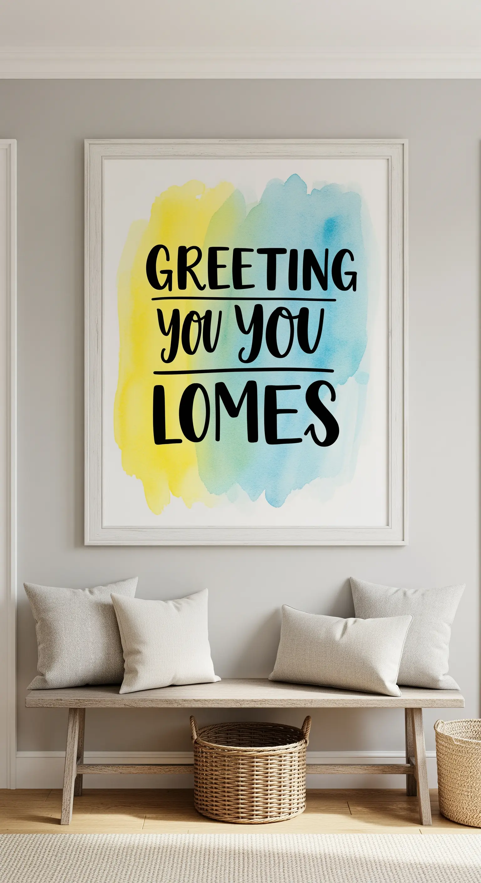 Grande quadro con acquerello giallo e blu e scritta nera, appeso sopra una panca in un ingresso.