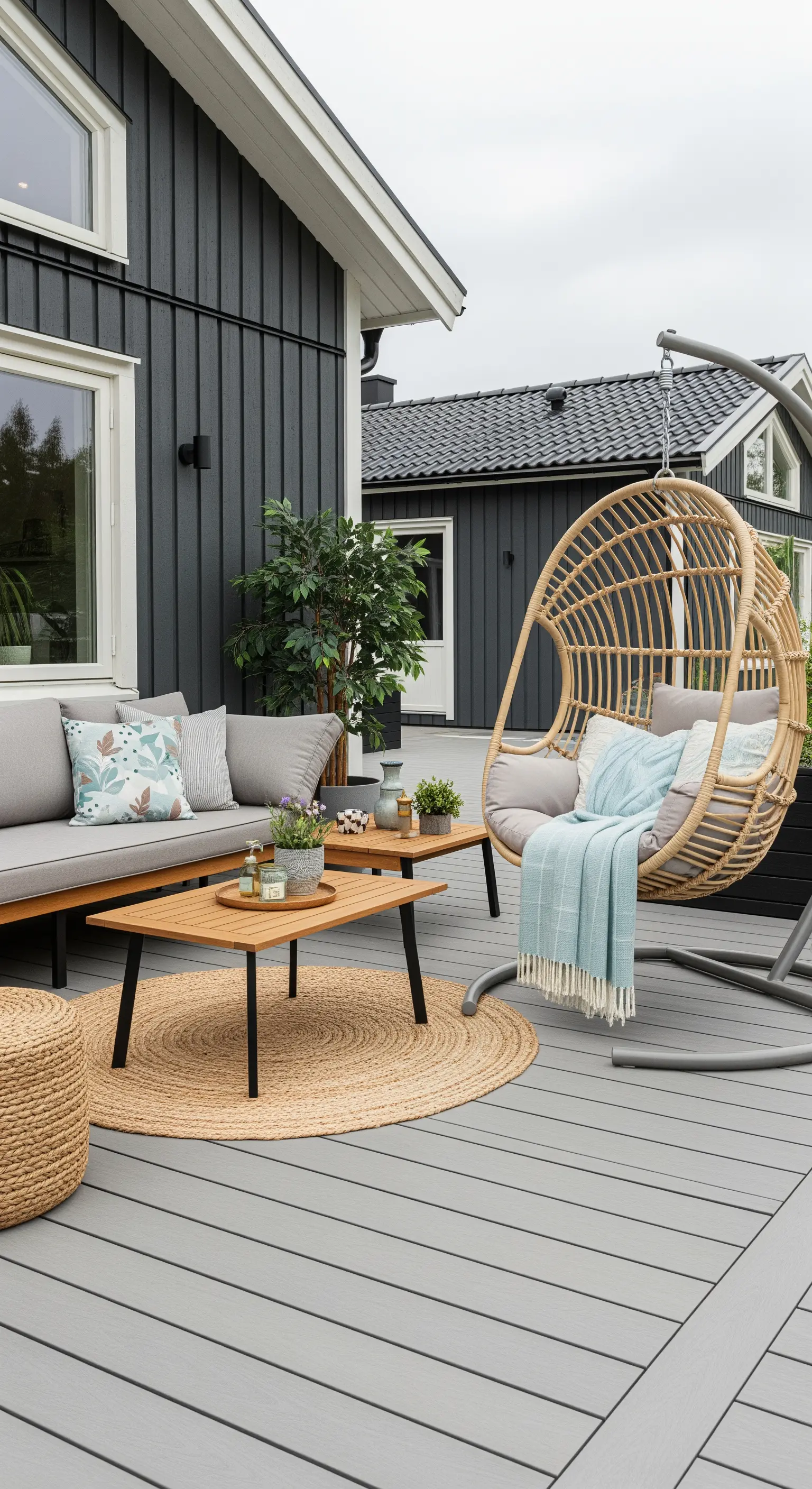 Patio moderno con divano grigio, sedia a dondolo in rattan e tappeto rotondo in iuta.