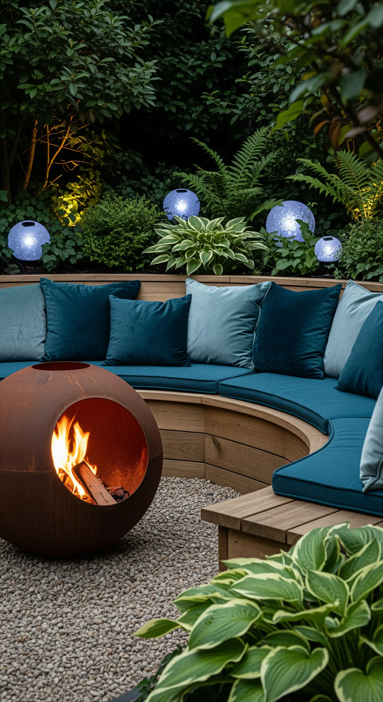 Panca curva in legno con cuscini blu, braciere sferico in Corten e sfere luminose nel giardino.