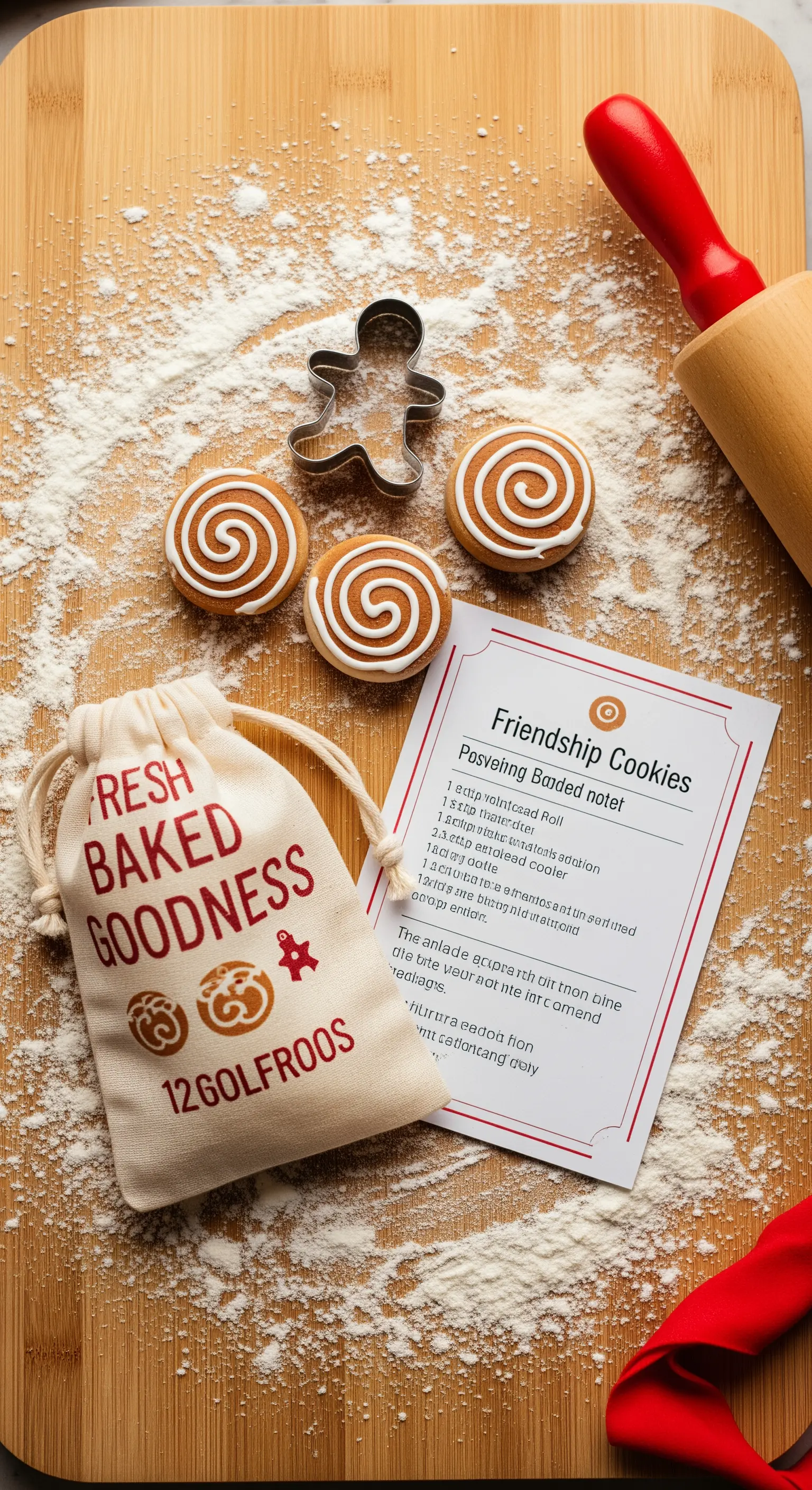 Sacchetto in tela con biscotti allo zenzero, una formina e la ricetta stampata su un tagliere.