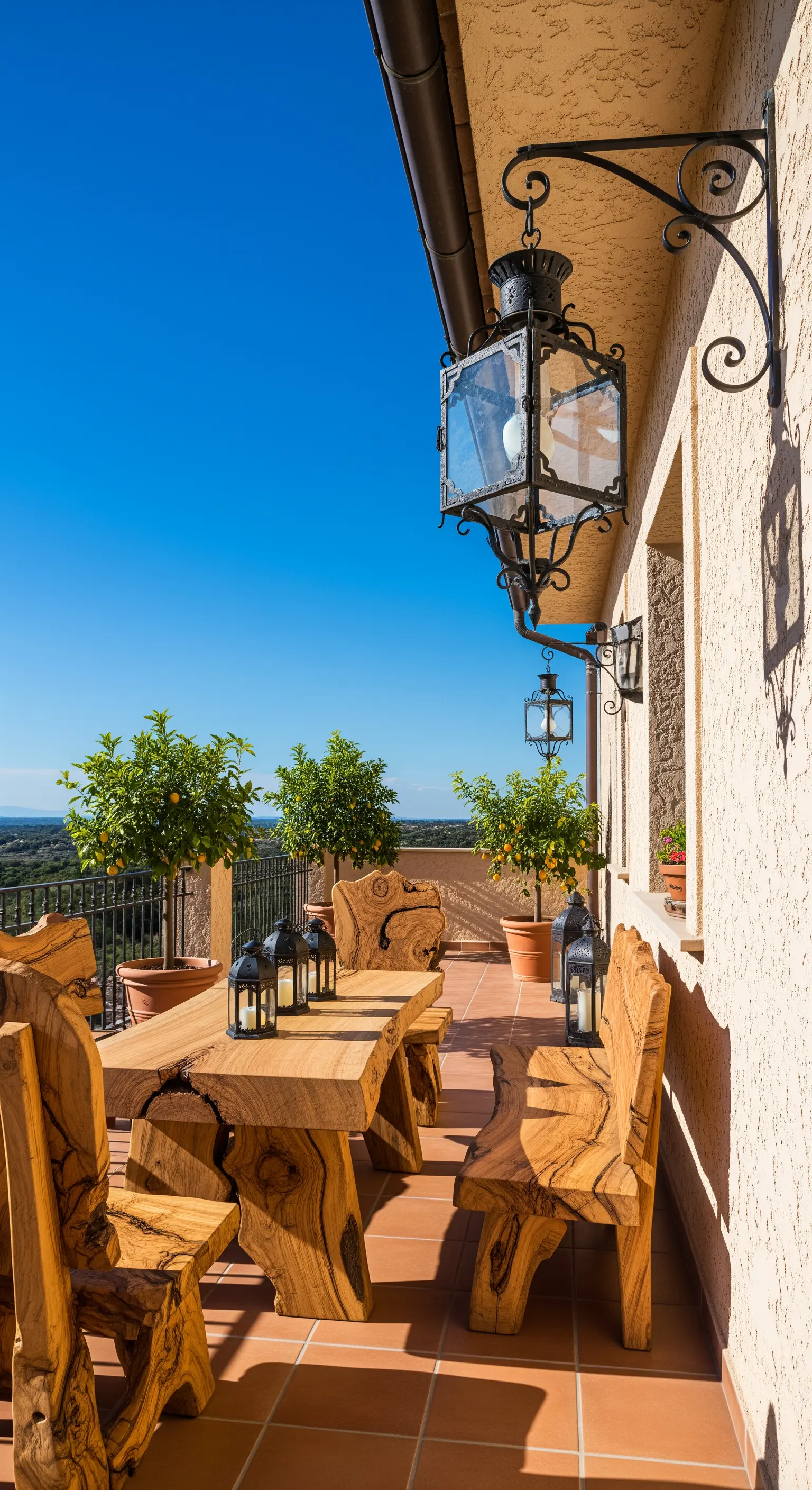 Terrazza con tavolo e panche in legno massiccio intagliato e grandi lanterne in ferro battuto.