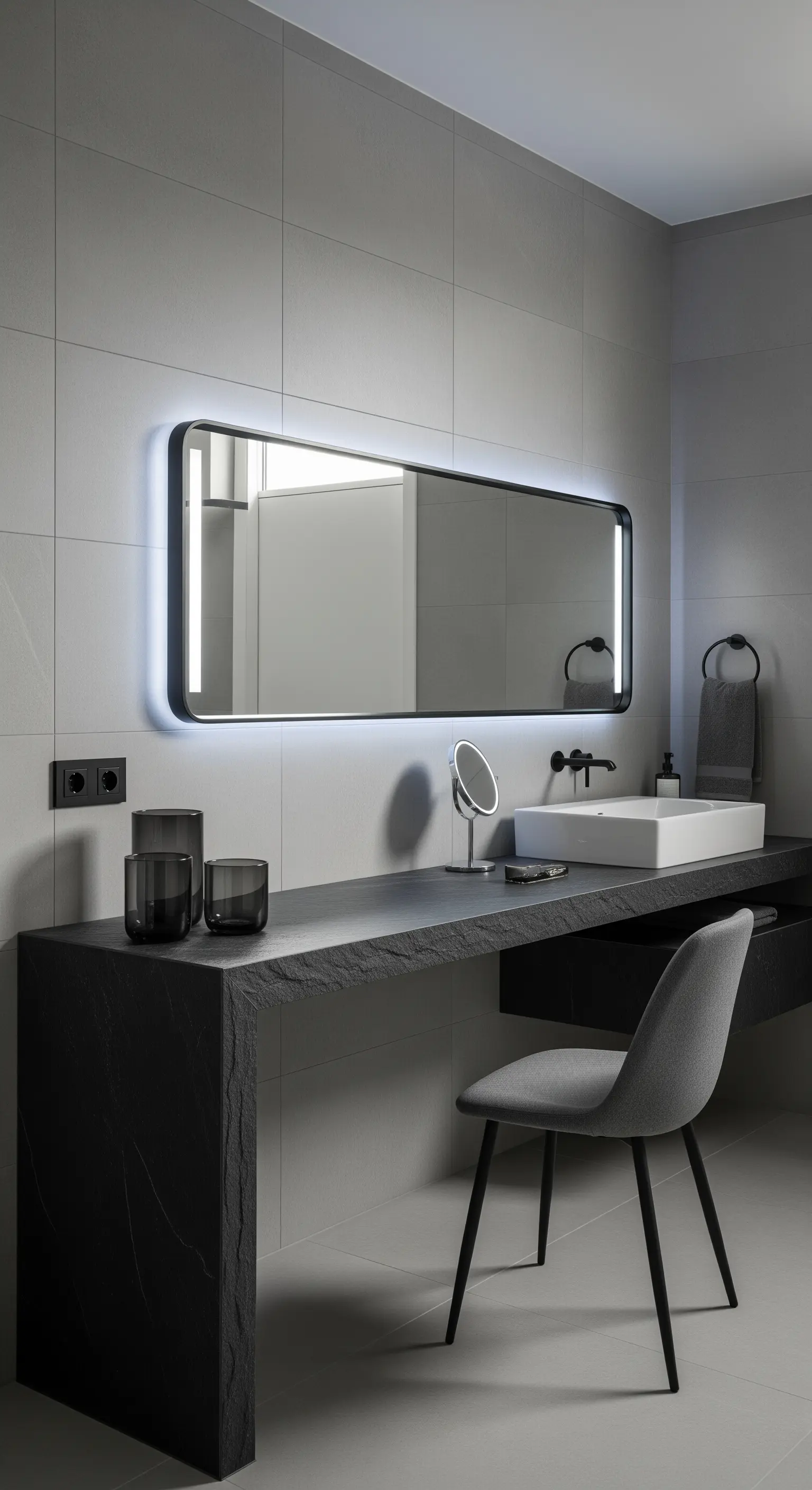 Lungo piano in ardesia scura che integra lavabo e postazione trucco.