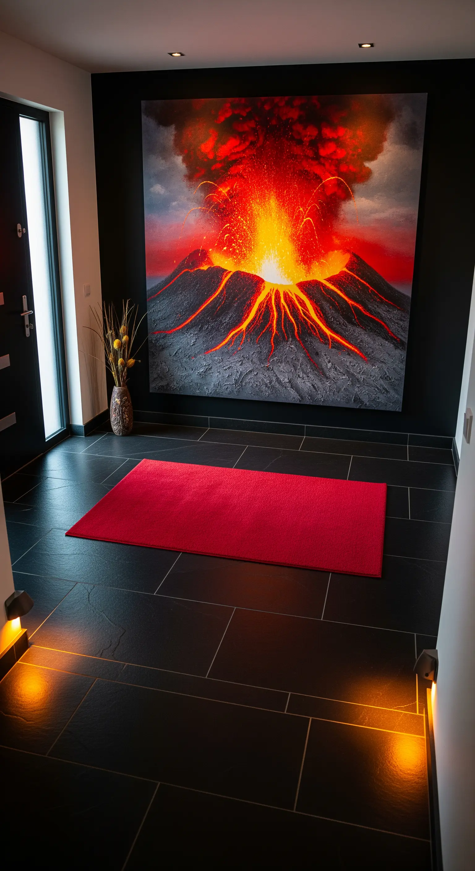 Ingresso con parete nera, quadro di un'eruzione vulcanica e tappeto rosso acceso.