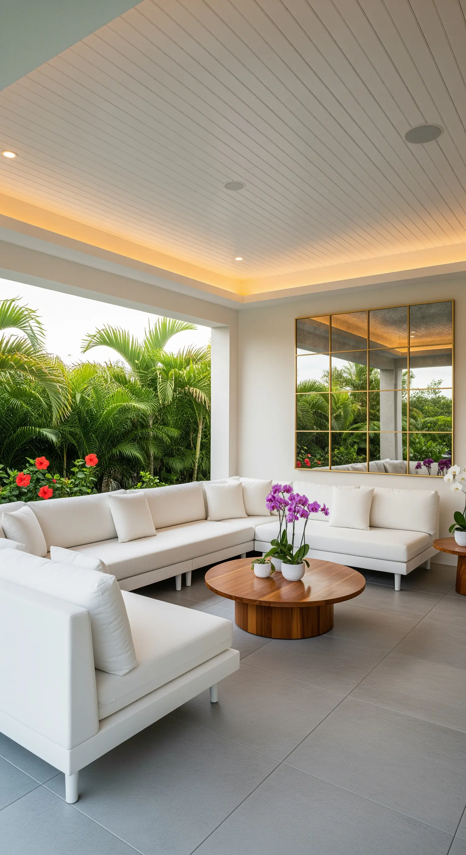 Portico con divano bianco a L e un grande specchio dorato a nove pannelli che riflette il giardino