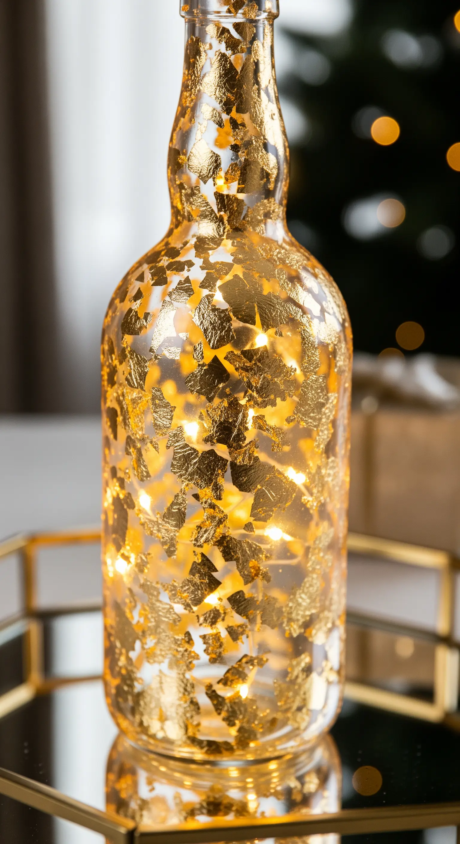 Bottiglia di vetro decorata con frammenti di foglia d'oro e illuminata dall'interno.
