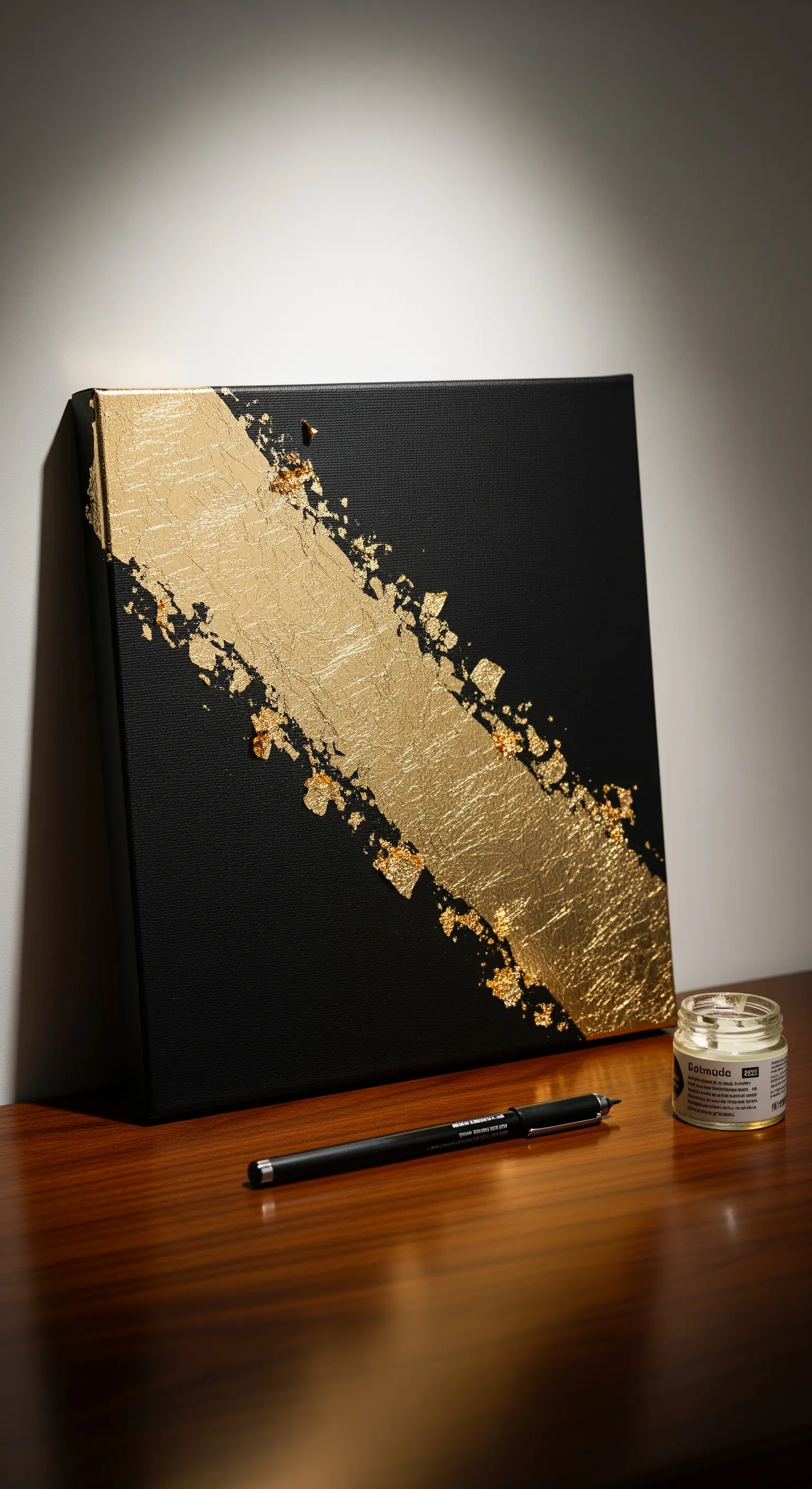 Quadro nero con una striscia diagonale di foglia d'oro applicata per un effetto materico.