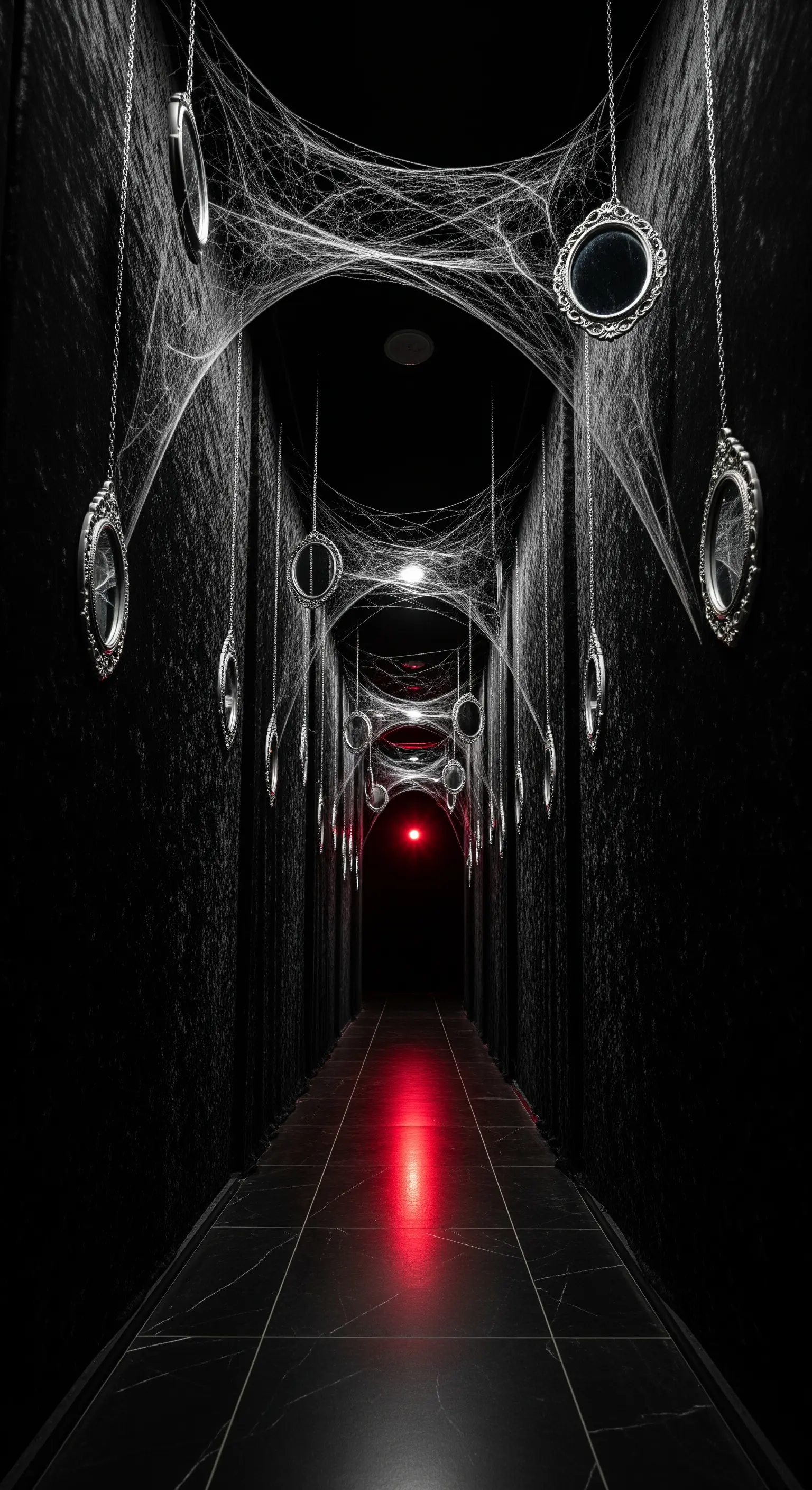 Corridoio nero con specchi ovali appesi e avvolti in ragnatele.