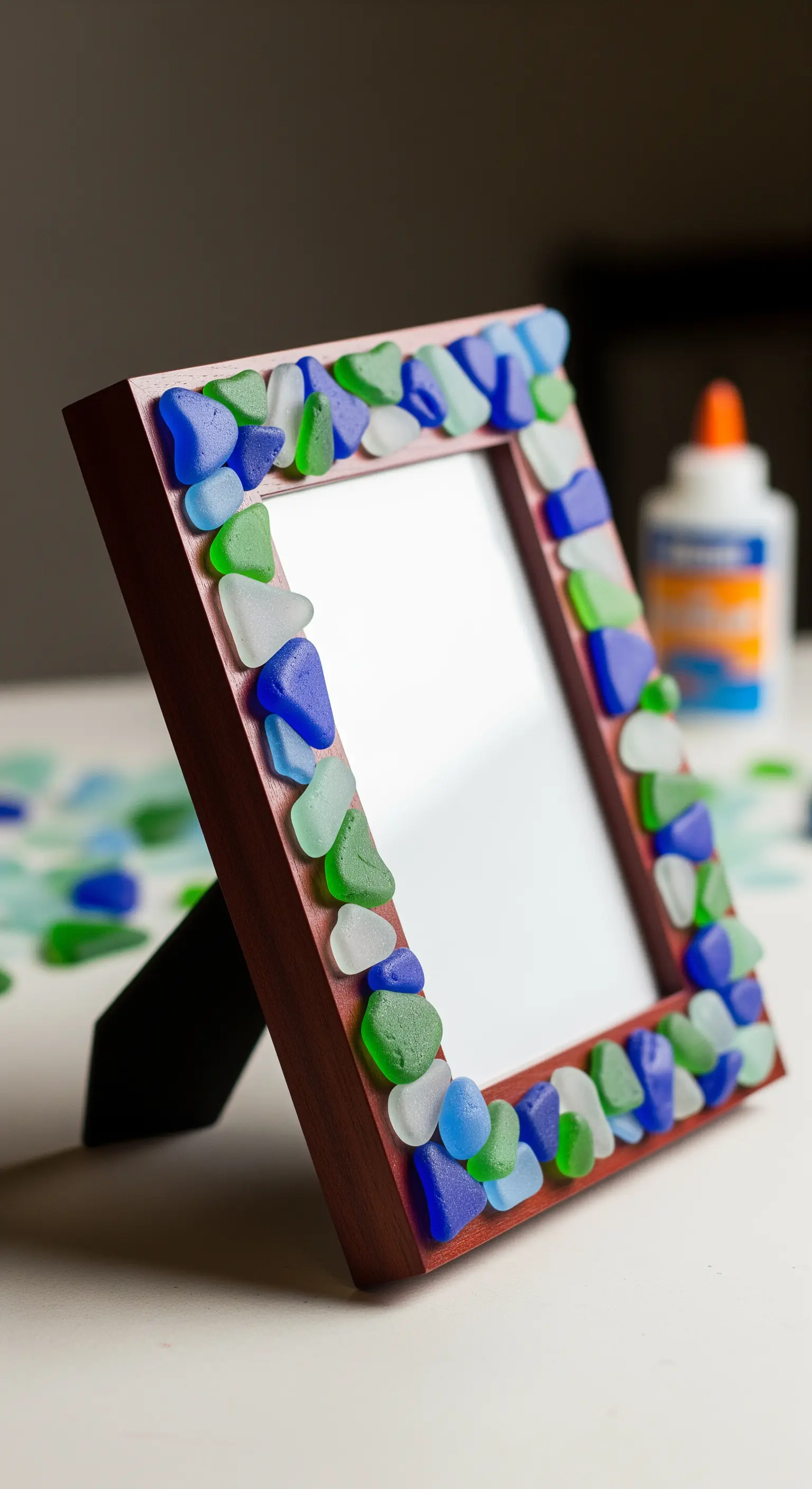 Cornice in legno con un mosaico irregolare di vetri di mare blu, verdi e bianchi.