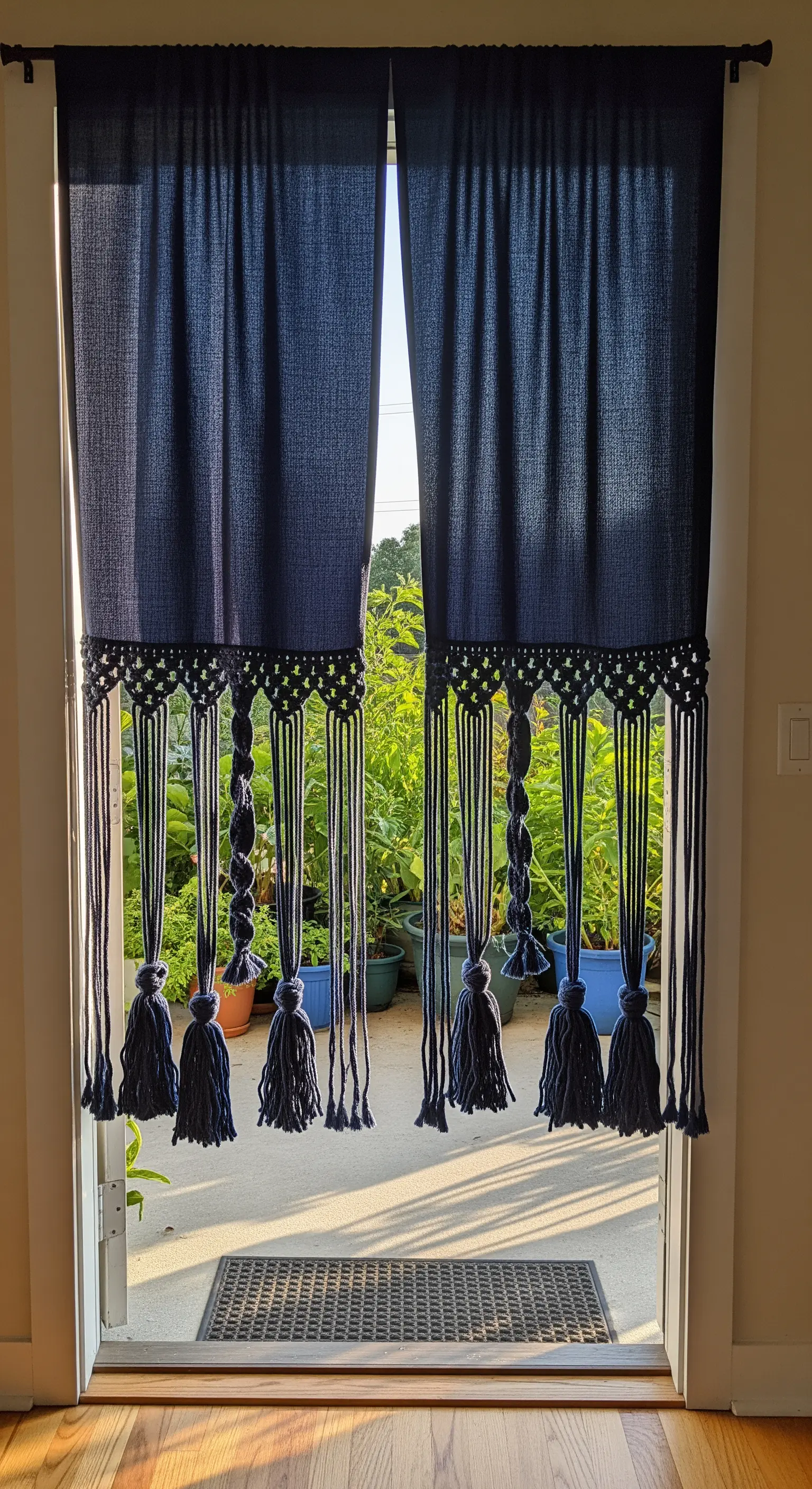 Tende blu scuro con un bordo inferiore in macramè decorato da grandi nappe.