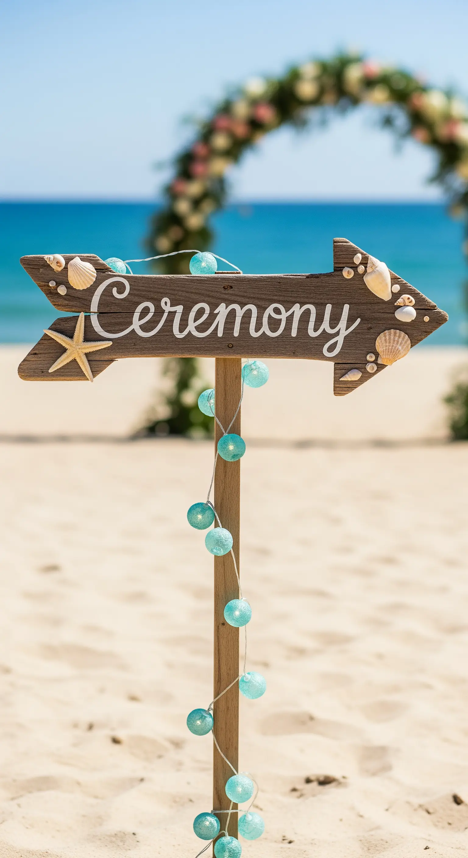 Freccia in legno con conchiglie per una cerimonia in spiaggia, con luci a sfera azzurre.