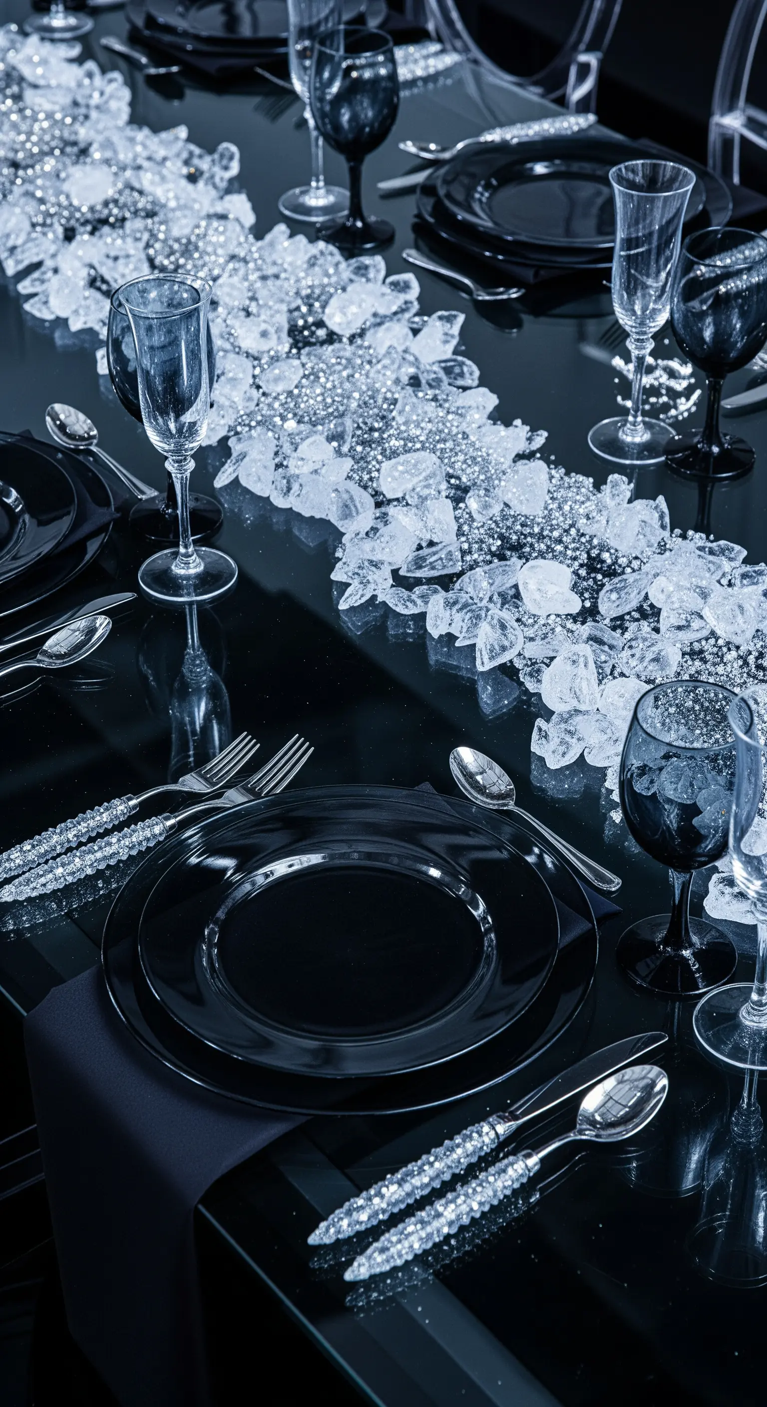 Runner da tavola realizzato con cristalli di ghiaccio finto e perle argentate.