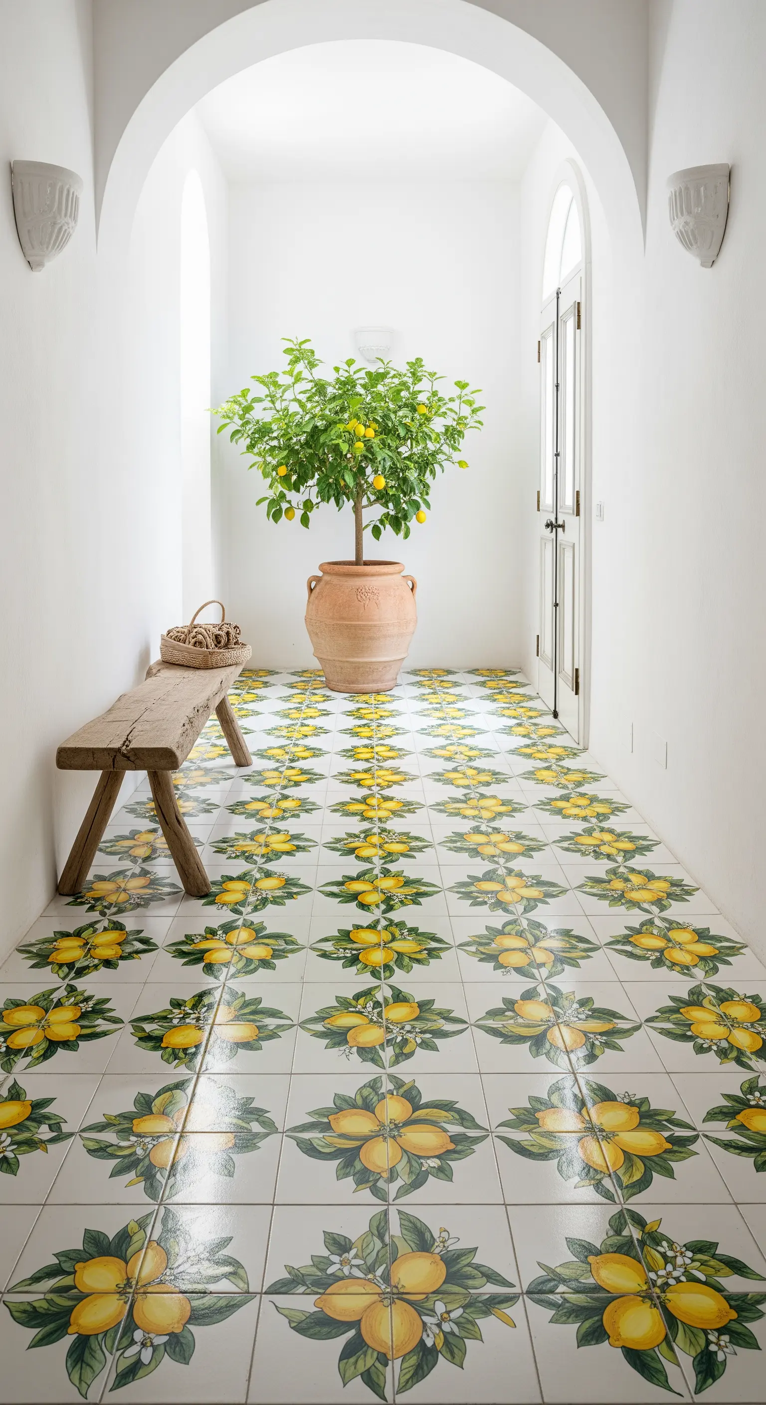Ingresso bianco con pavimento in maiolica decorata a limoni e un albero di limoni in vaso.