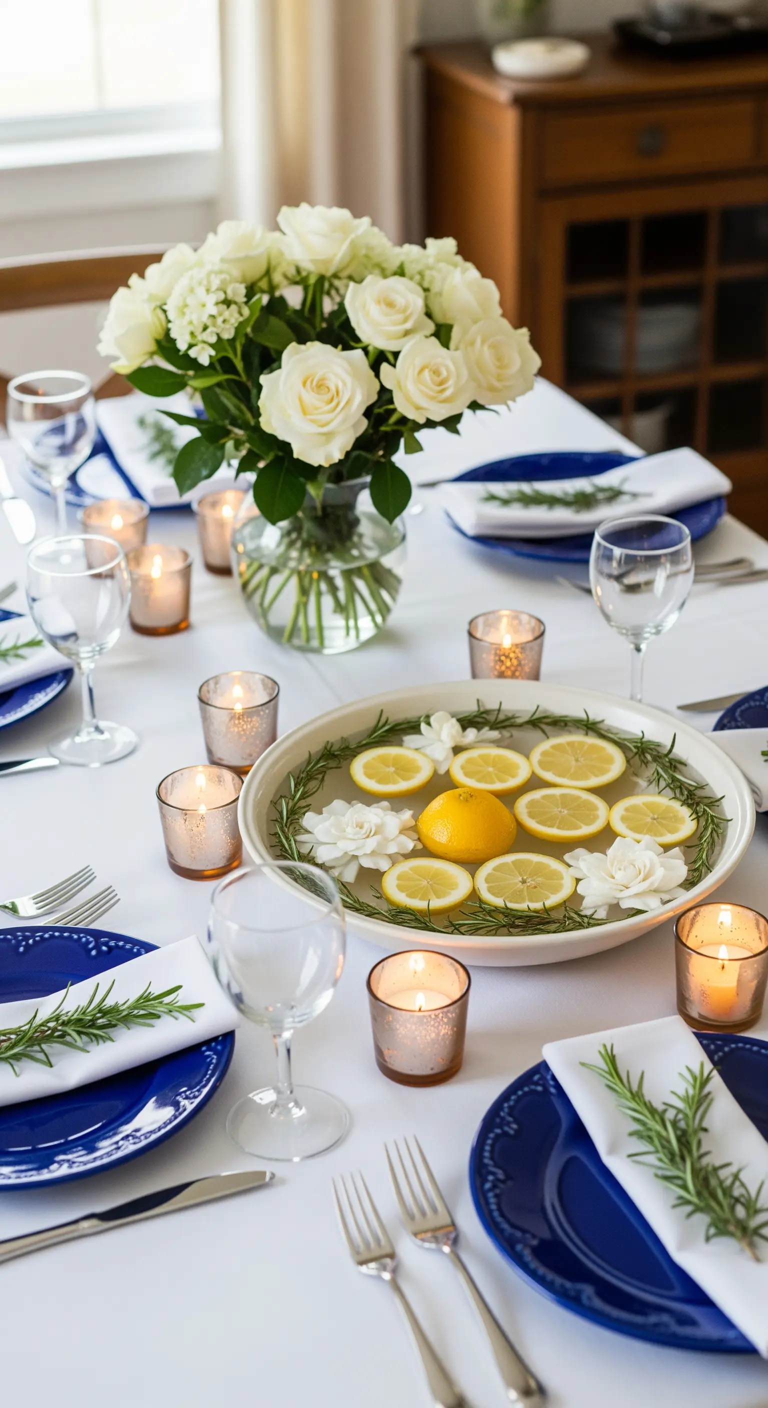 Centrotavola con acqua, fette di limone galleggianti, fiori bianchi e rosmarino.