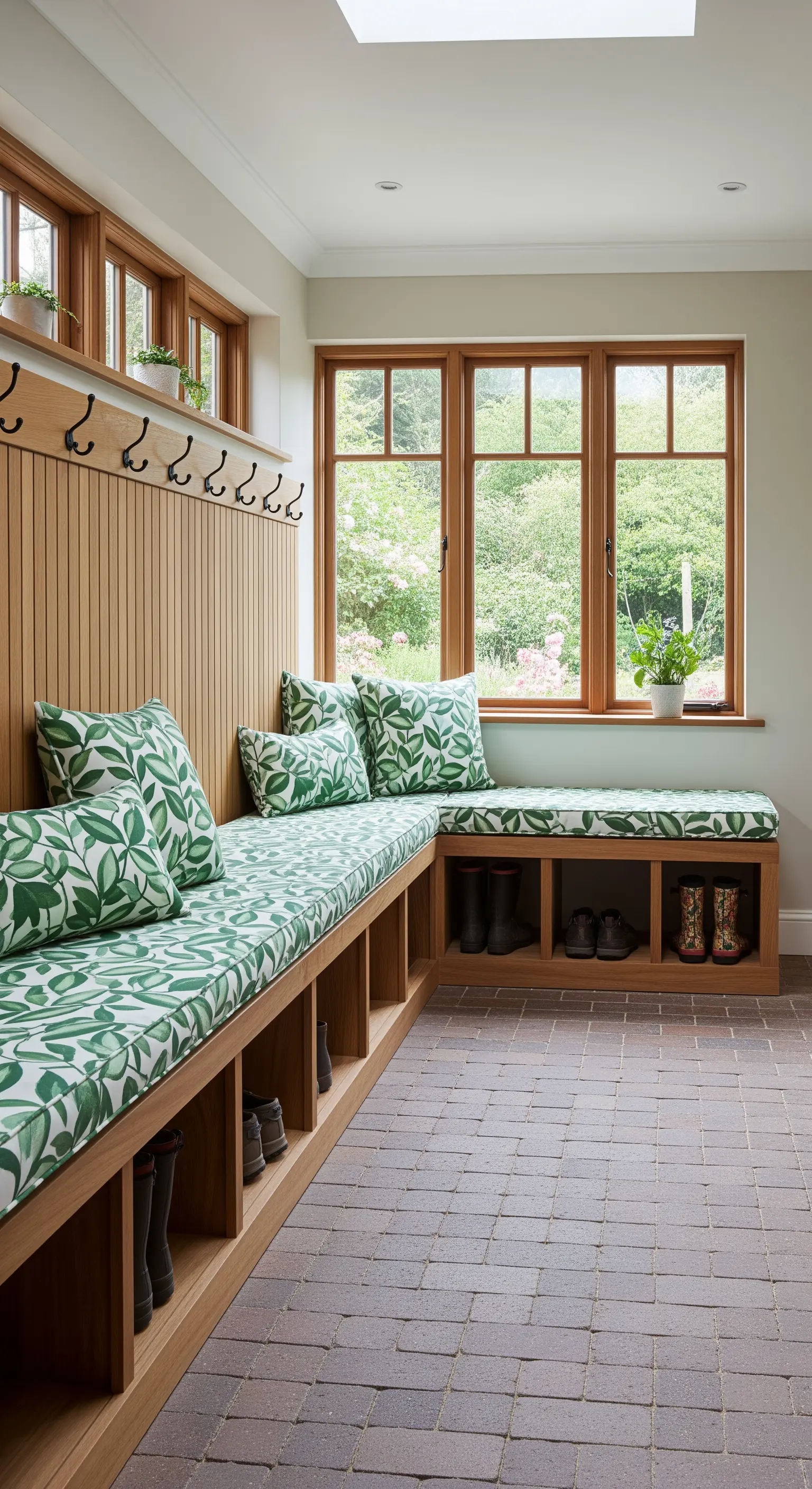 Lunga panca in legno chiaro con cuscini a motivo foglia verde, di fronte a grandi finestre.