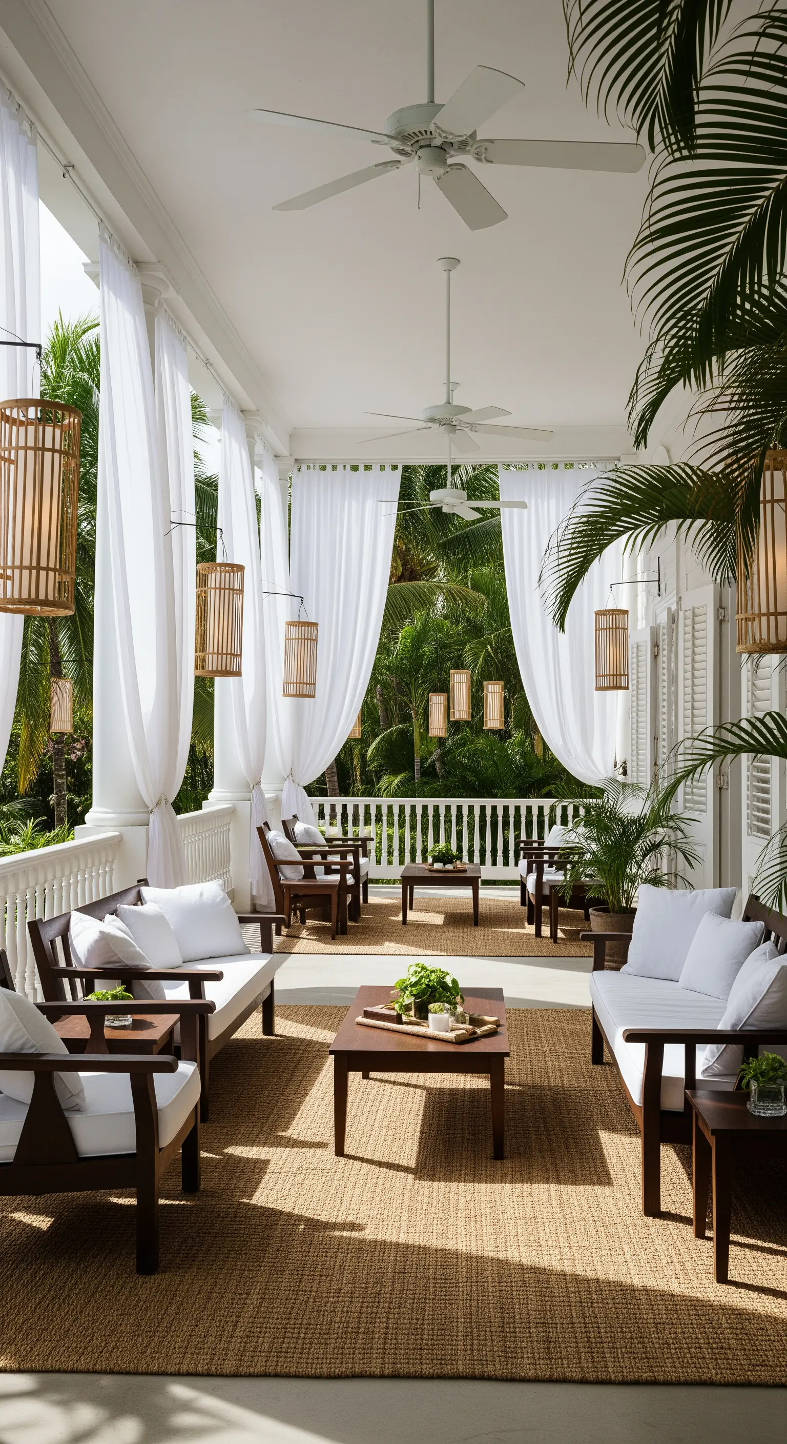 Veranda in stile coloniale con colonne bianche, arredi in legno scuro e tende vaporose