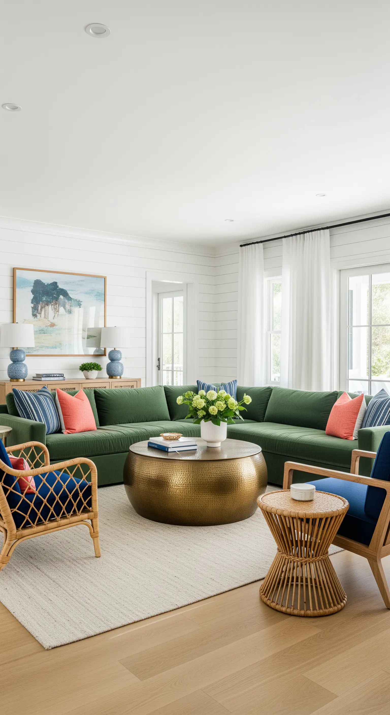 Soggiorno in stile costiero con divano angolare verde, poltrone in rattan e tavolino in ottone martellato.