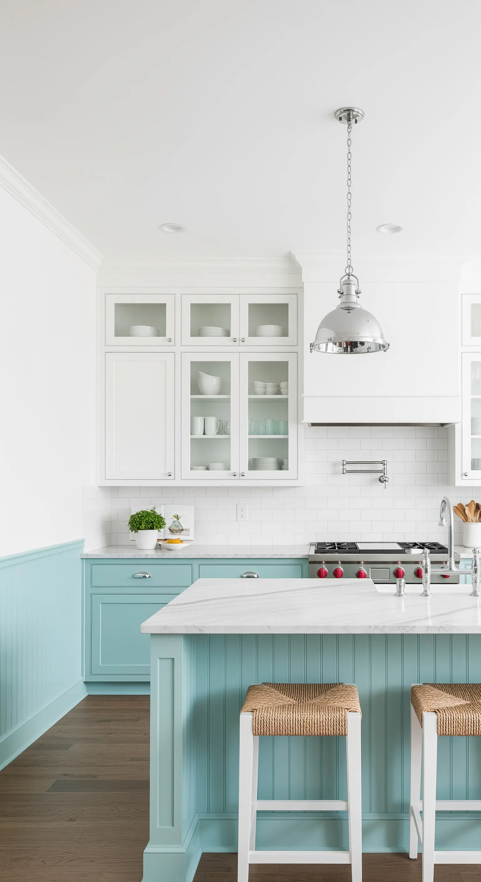 Cucina azzurra con perlinatura coordinata, isola e top in marmo bianco.