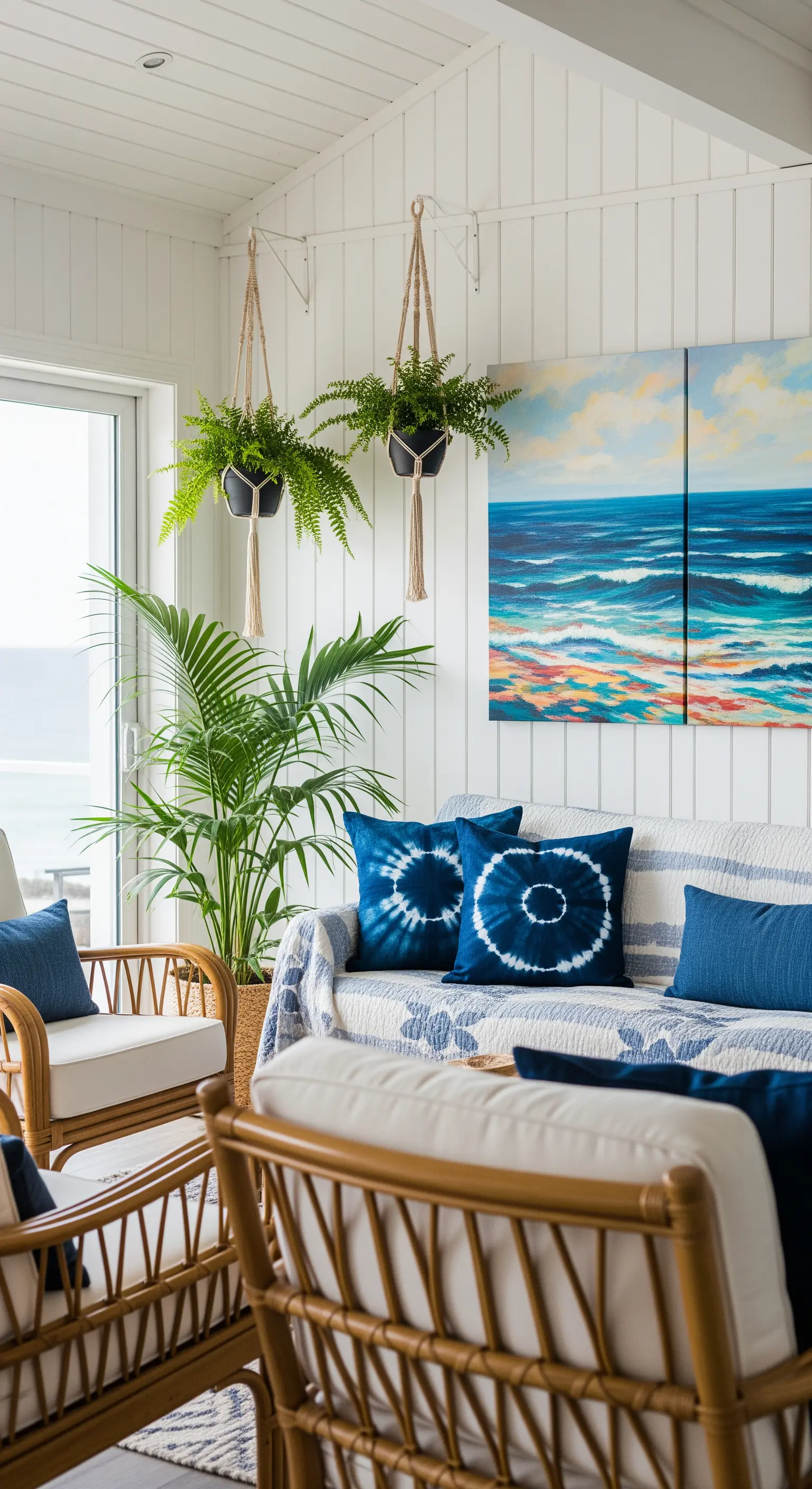 Salotto in stile costiero con mobili in rattan, cuscini tie-dye blu e piante sospese.