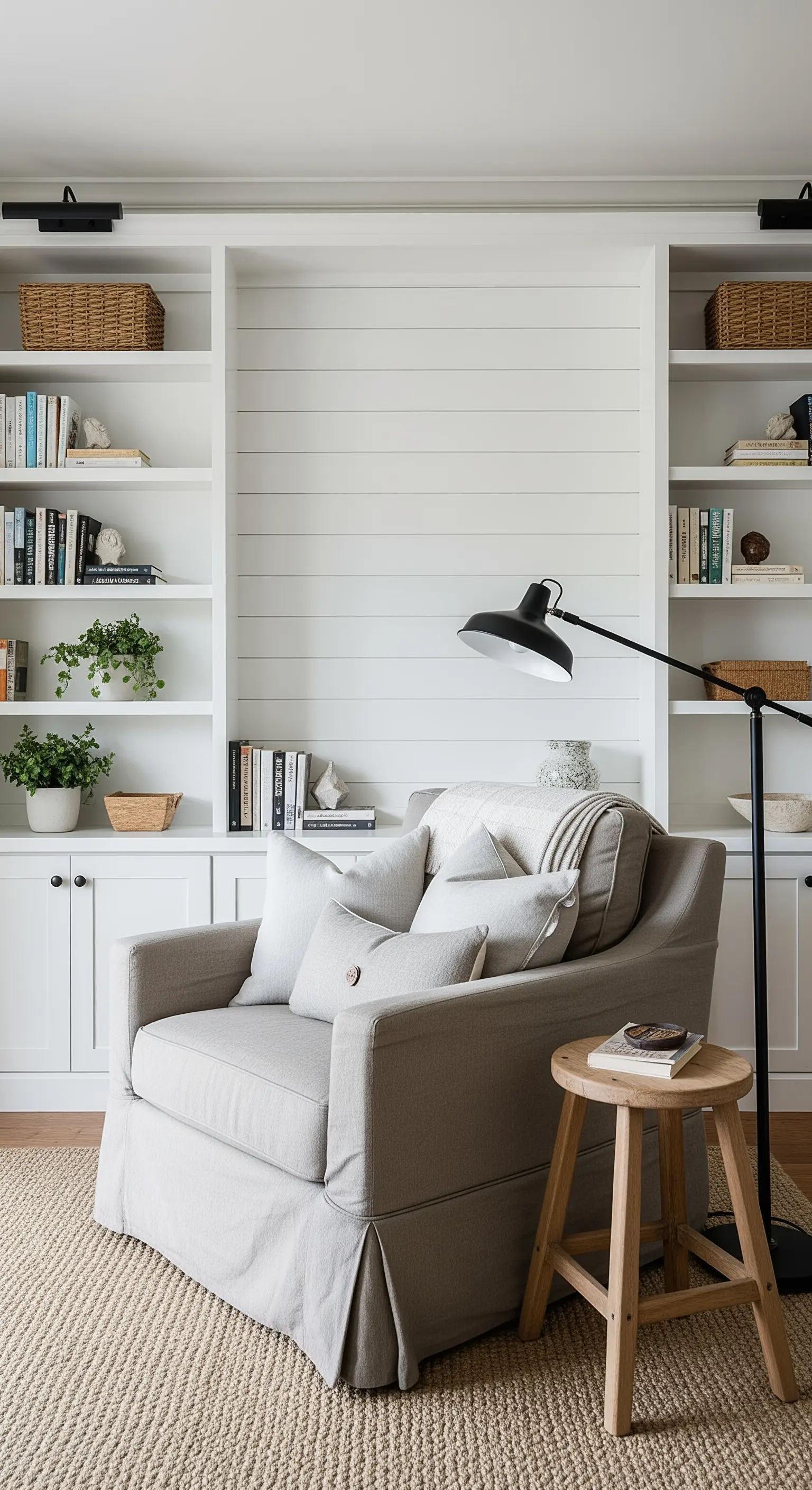 Libreria bianca con boiserie e una poltrona grande e comoda in tessuto grezzo.