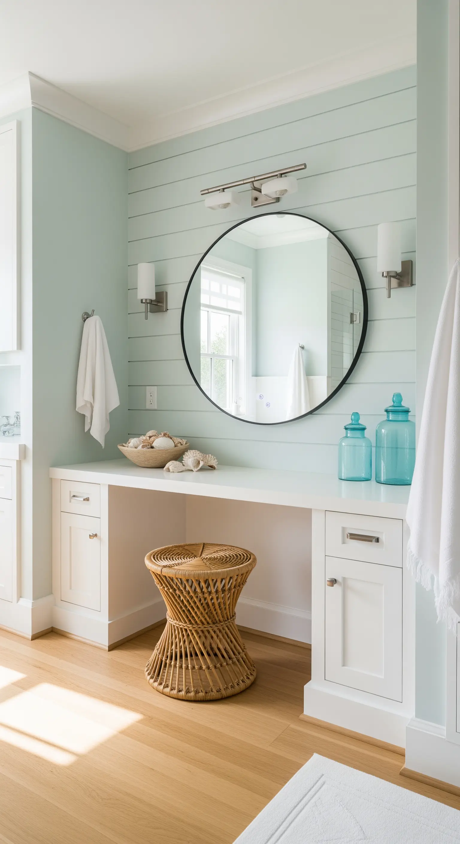 Angolo beauty in stile costiero con pareti azzurre, mobile bianco e sgabello in rattan.