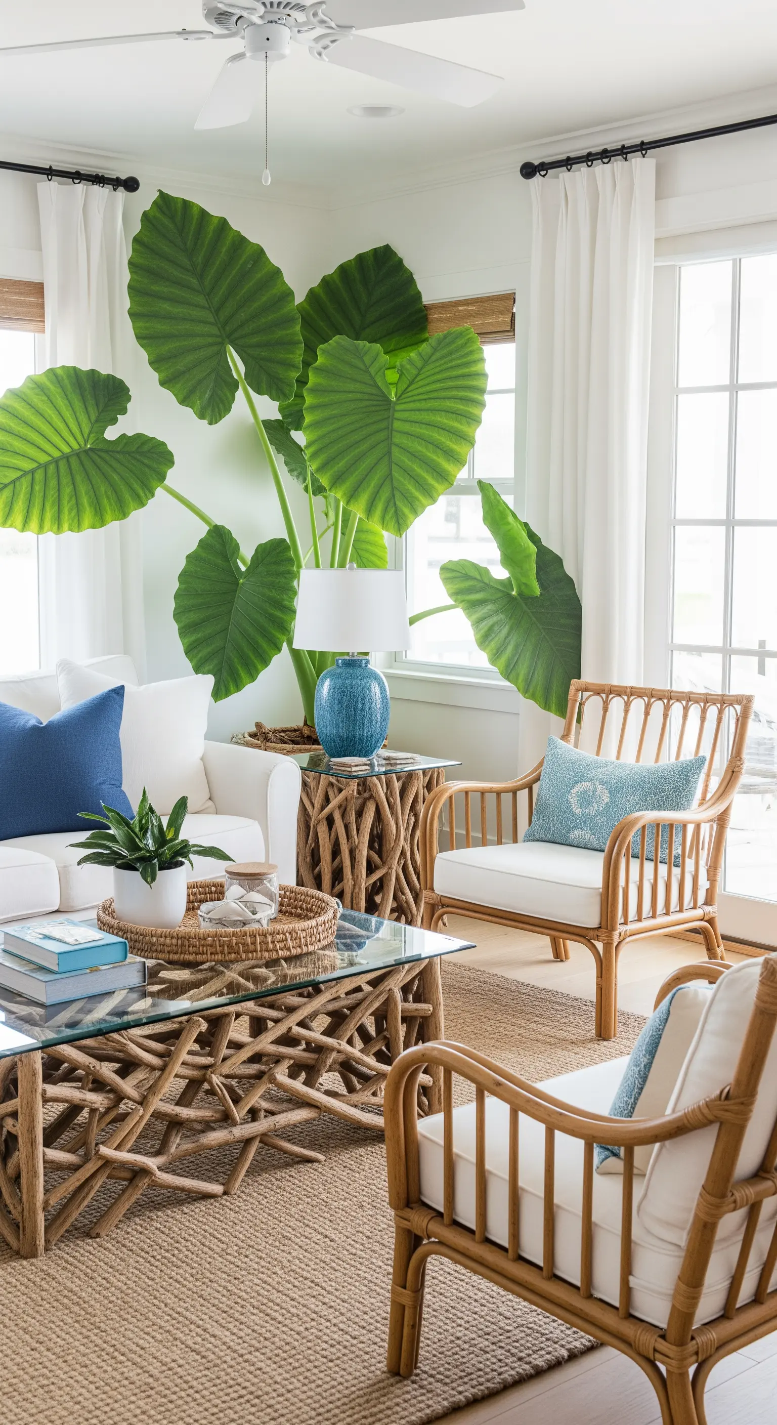 Grande Alocasia in un angolo di un soggiorno in stile costiero con mobili in rattan e cuscini blu.