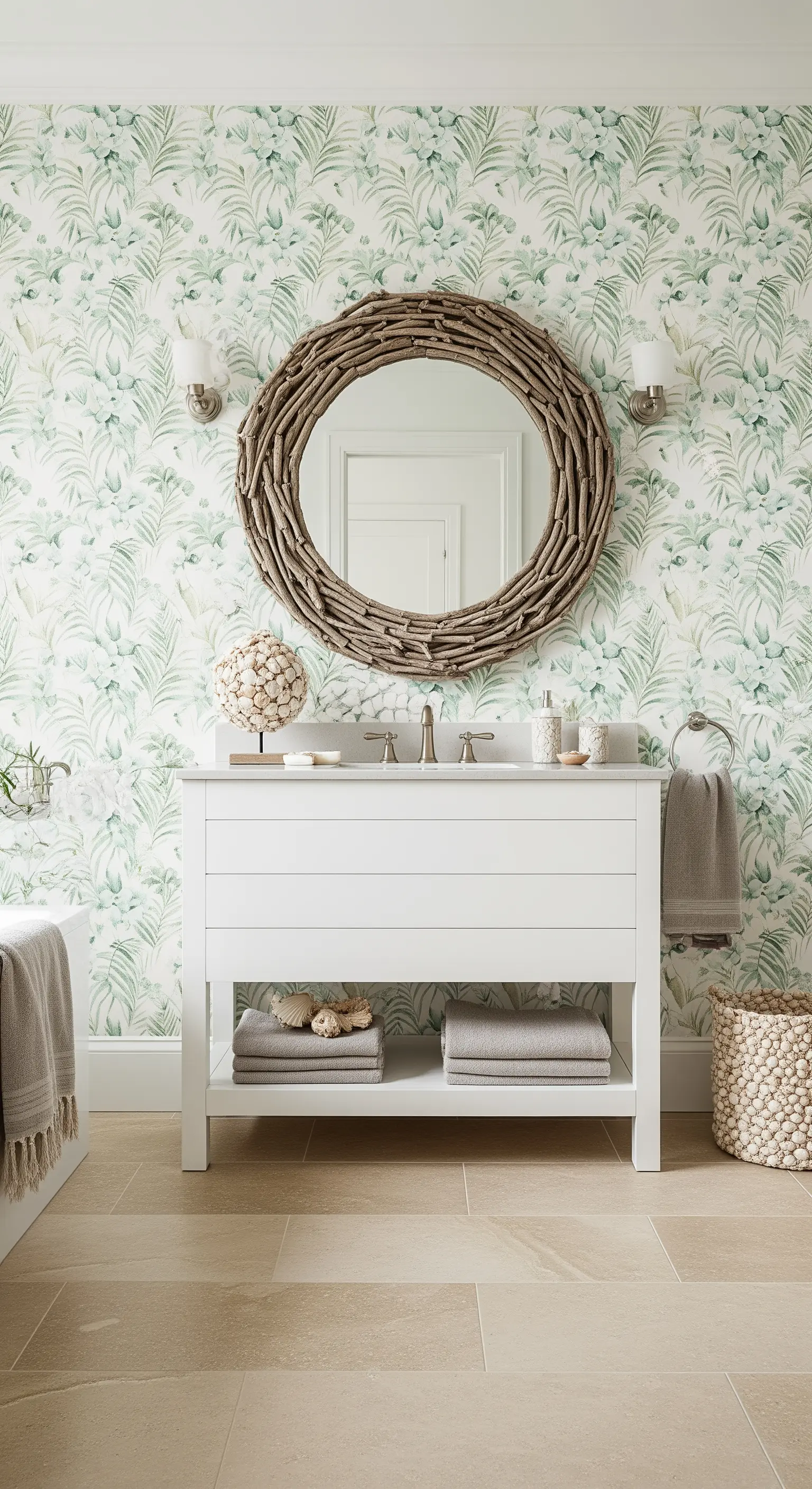 Bagno con carta da parati a foglie verdi, mobile bianco e specchio con cornice in rami.