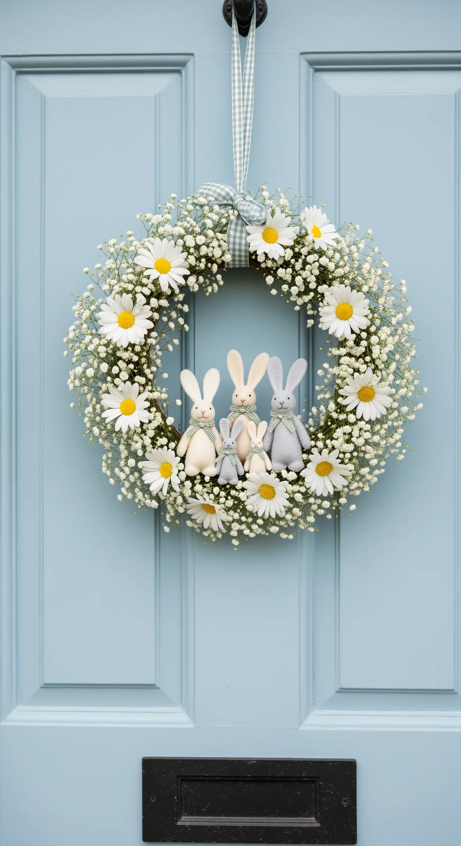 Ghirlanda delicata di margherite e gypsophila con una famiglia di coniglietti.