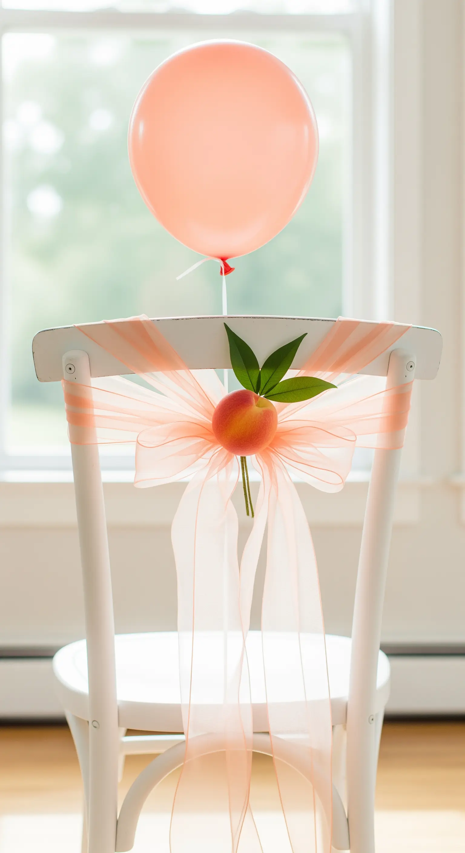 Sedia bianca con fiocco in organza color pesca, una vera pesca e palloncino coordinato.