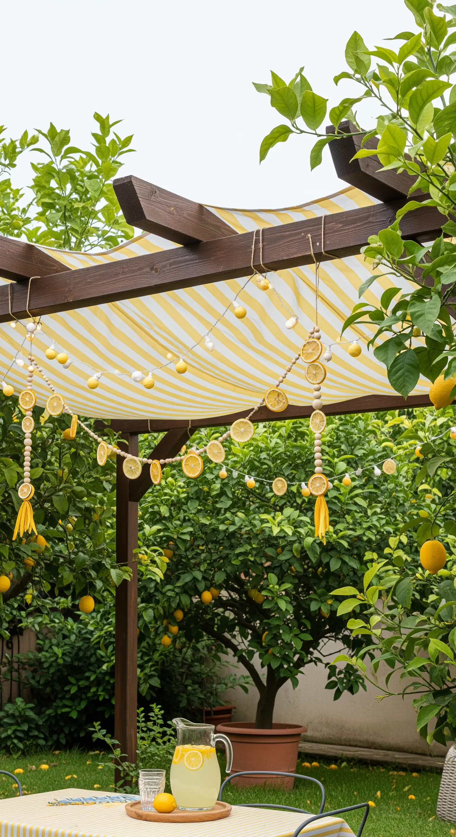 Pergolato con telo a righe gialle e ghirlande di limoni.