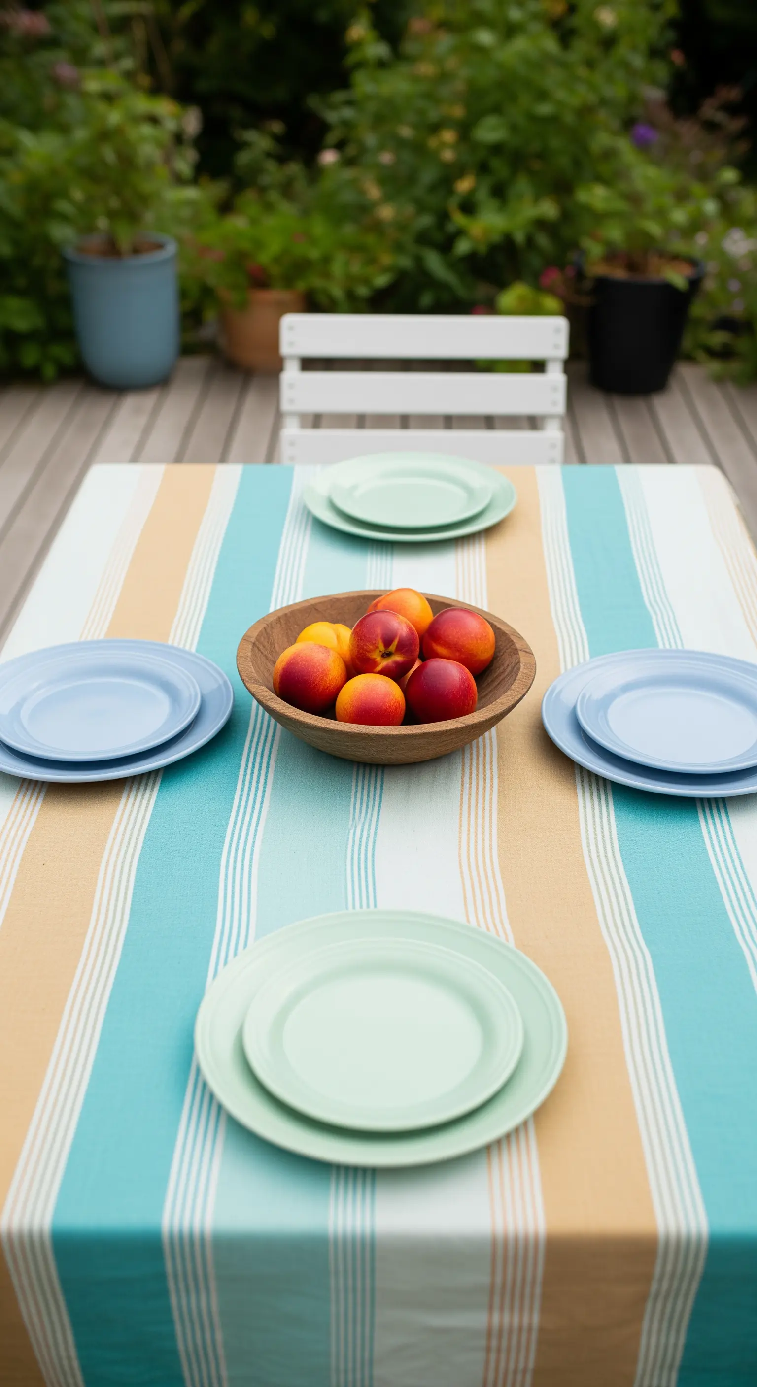 Tavola estiva con tovaglia a righe turchesi e ocra, e una ciotola di pesche.