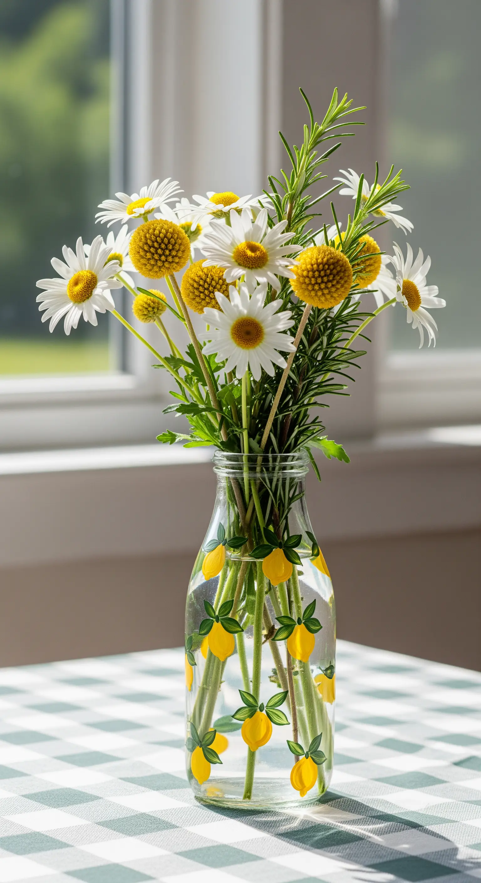 Bottiglia di vetro dipinta con limoni e riempita con margherite, craspedia e rosmarino.